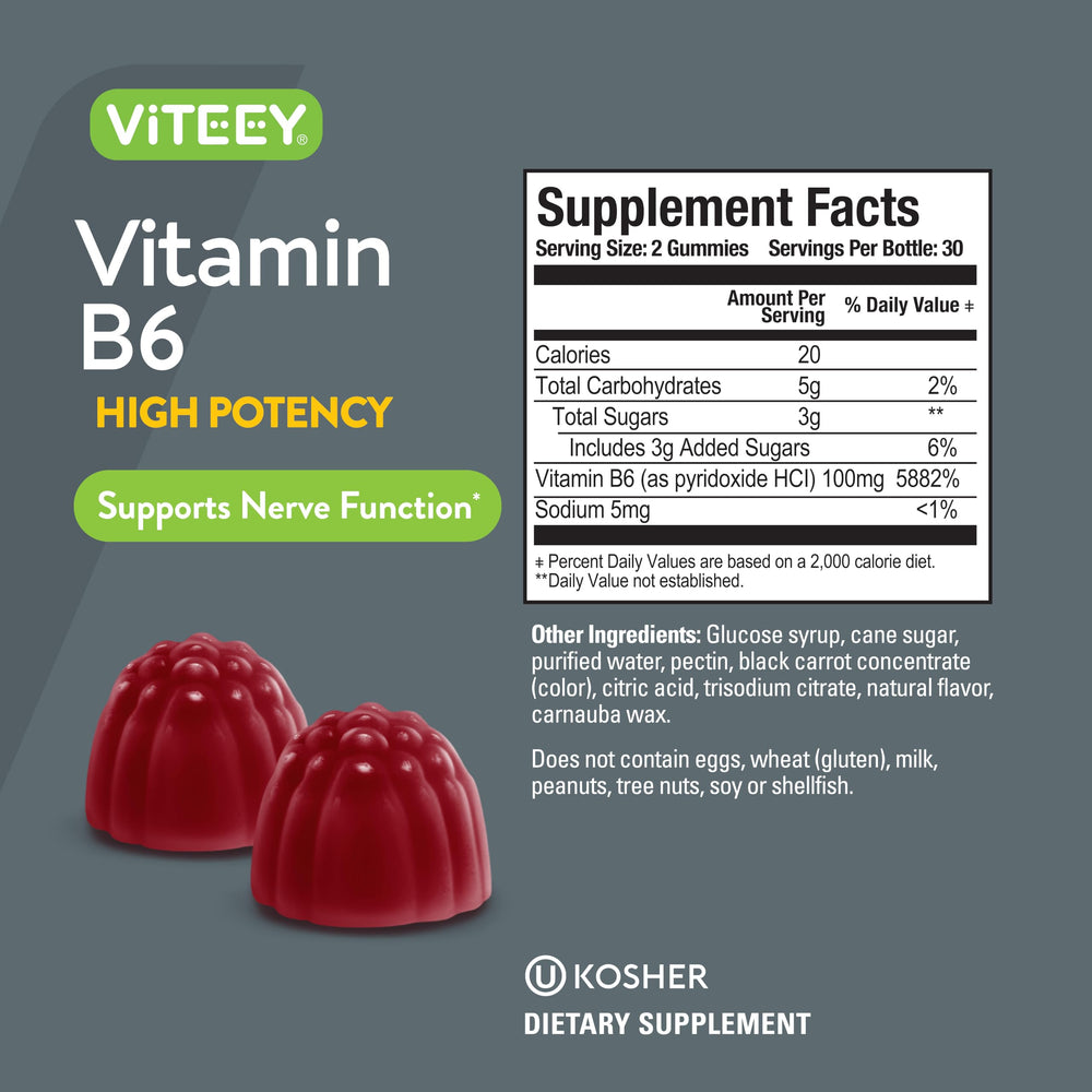 Nutrition label highlights 100 mg B6 per serving.
