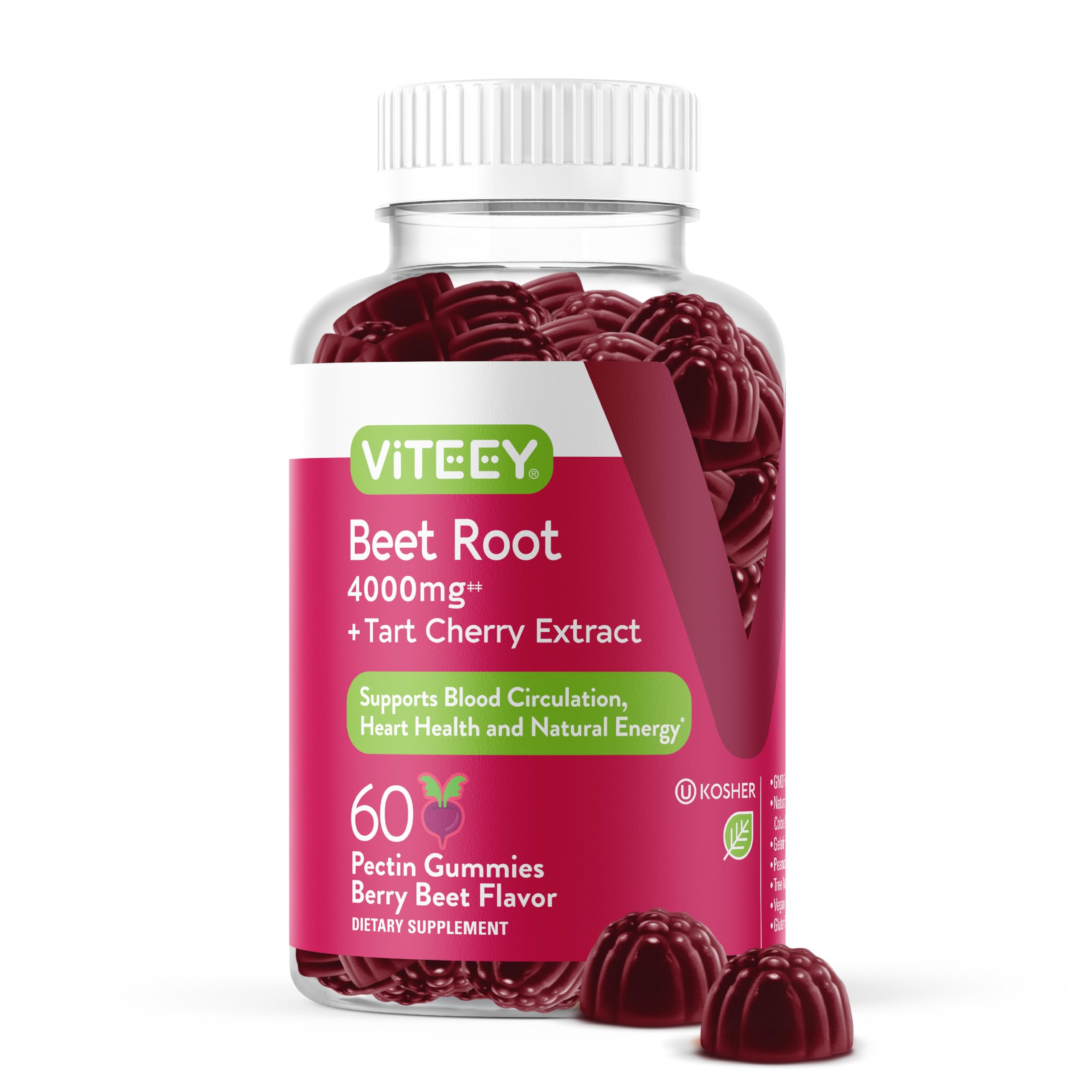 Viteey Beet Root Gummies berry flavor bottle for convenient daily nutrition.