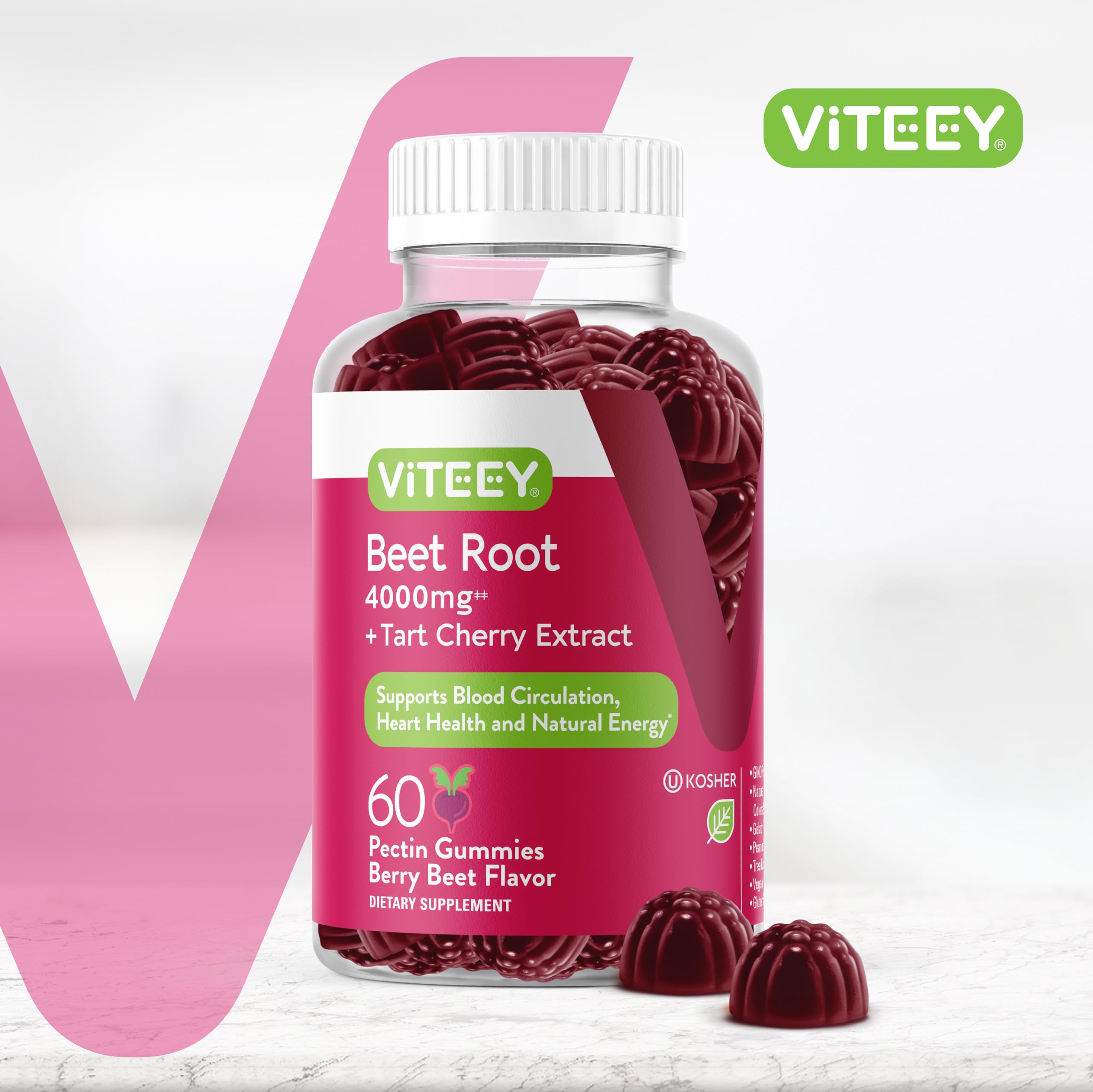 Close-up of Viteey Beet Root Gummies showing the tasty berry shape.