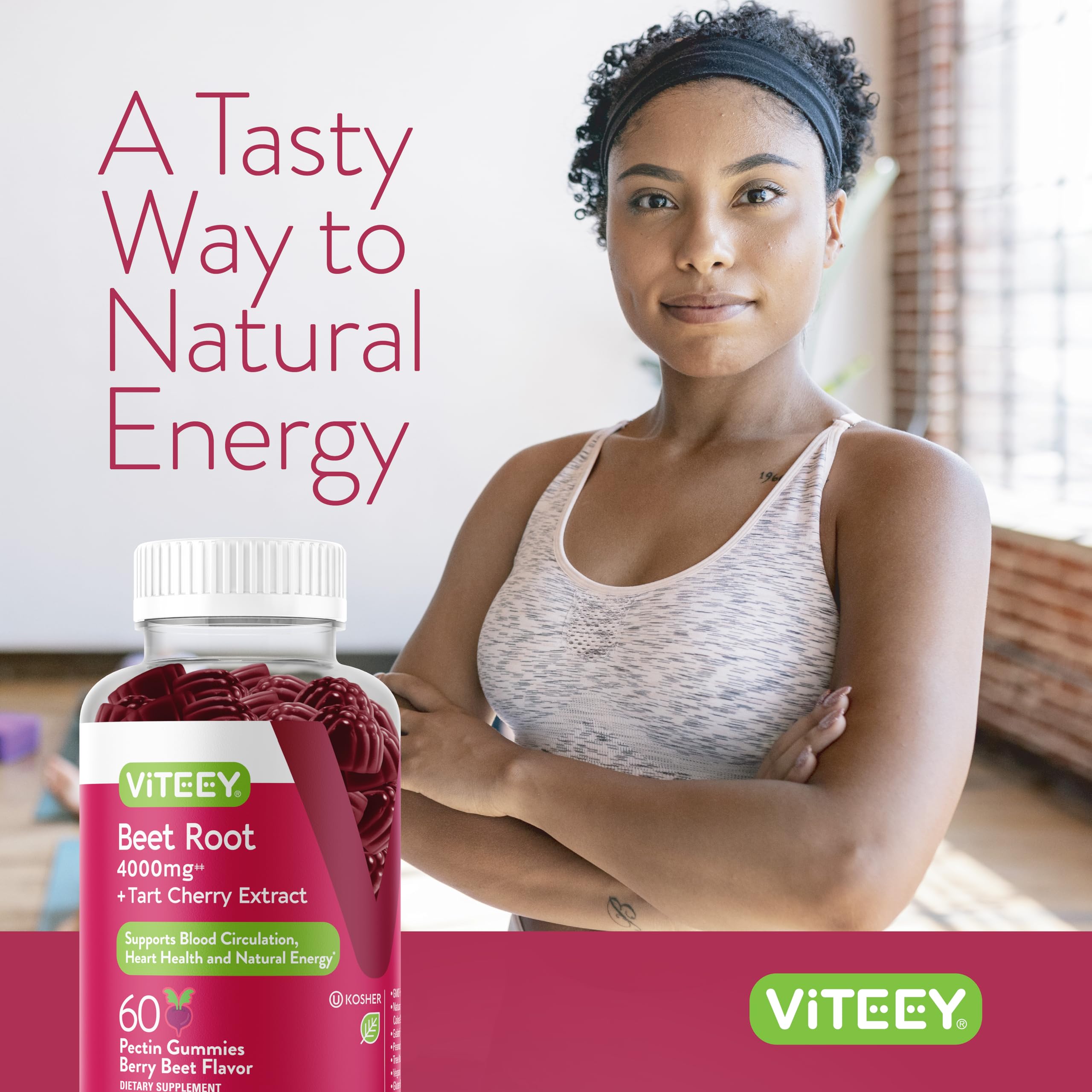 Viteey Beet Root Gummies ingredient panel shows vegan gluten-free formula.