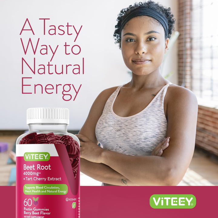 Viteey Beet Root Gummies ingredient panel shows vegan gluten-free formula.