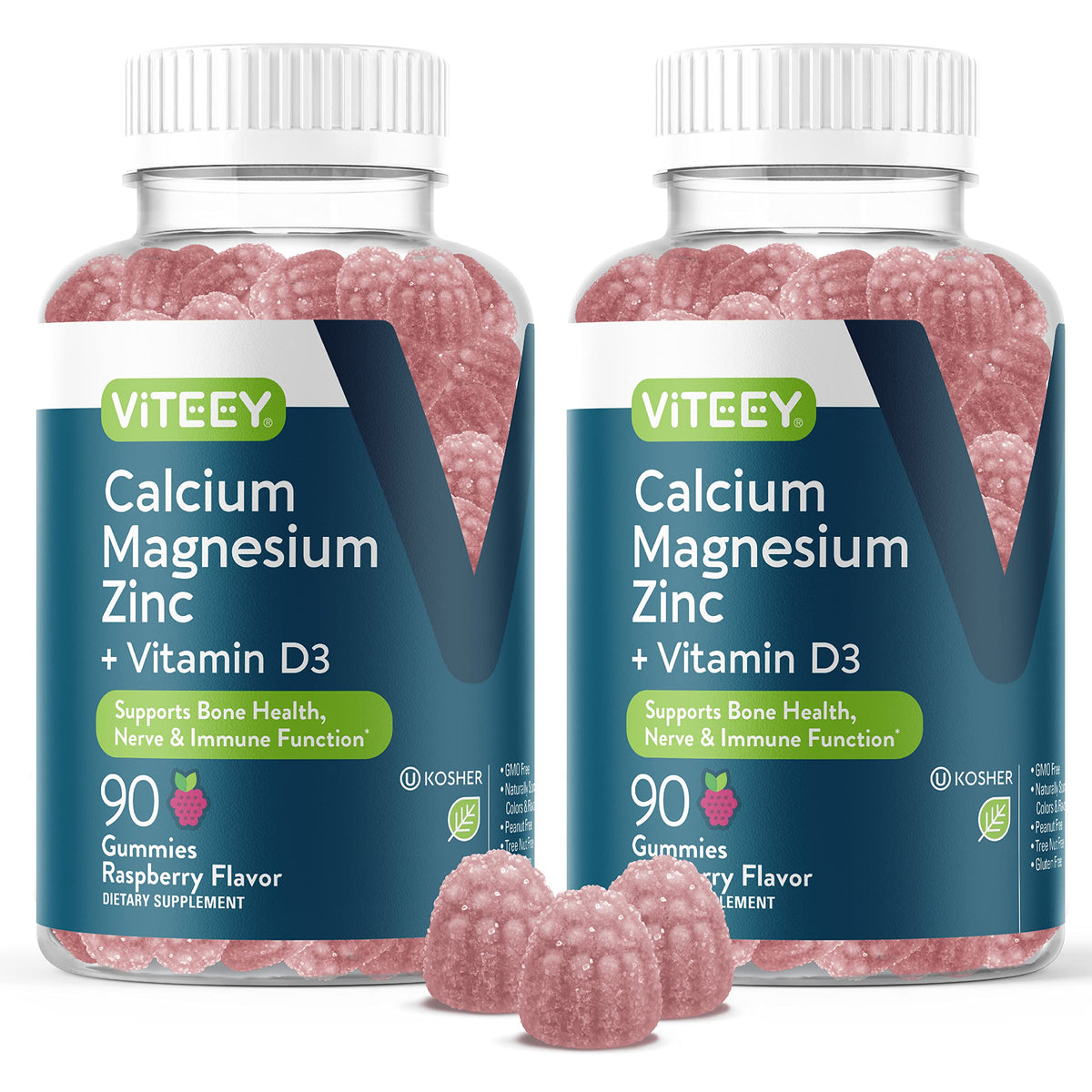 Viteey Calcium Magnesium Zinc Gummies Raspberry bottle for daily bone and immune support.
