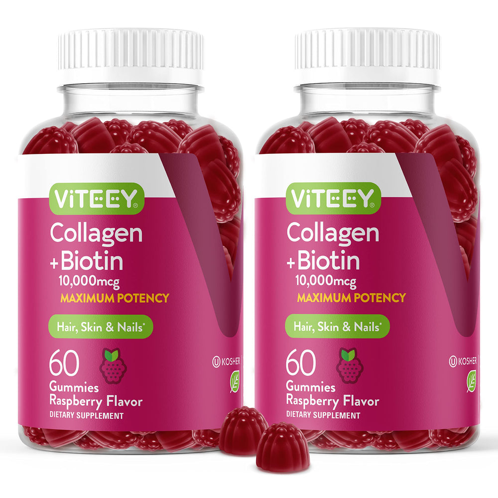 Viteey collagen gummies bottle for hair and nails support, raspberry flavor