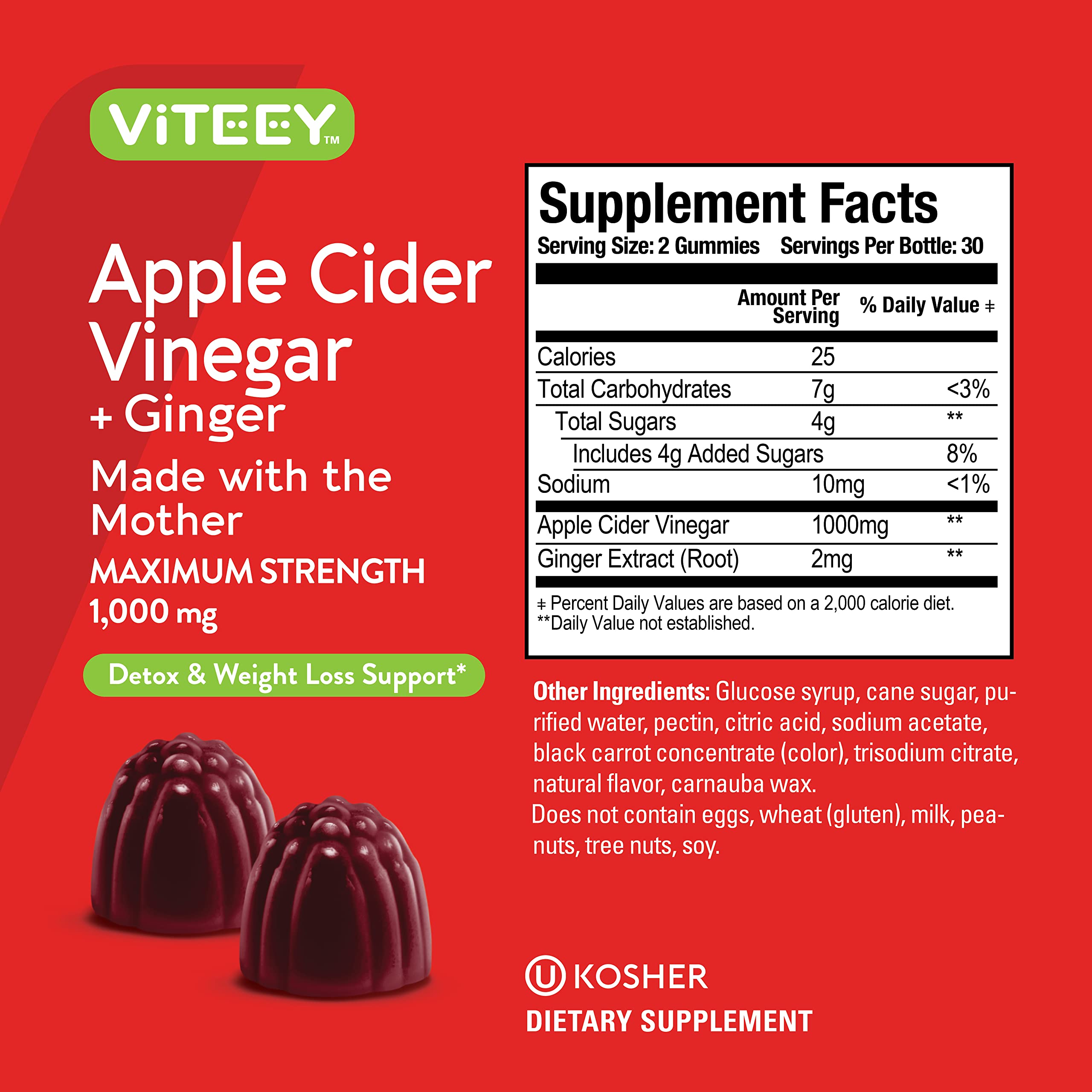 Viteey ingredients: apple cider vinegar and ginger for daily wellness.