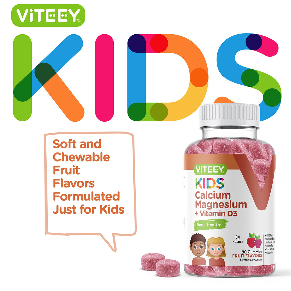 Close-up of Viteey Kids Calcium Gummies texture and bright colors for kid-friendly nutrition