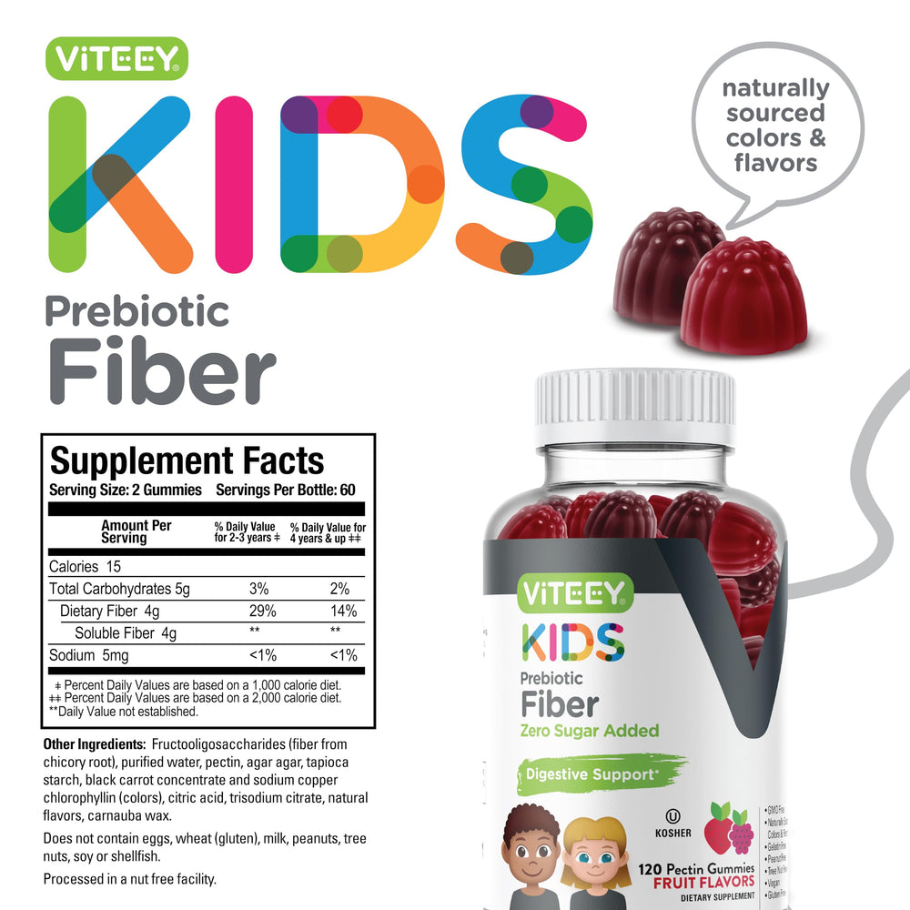 Viteey Kids Fiber bottle open with gummies ready to take.