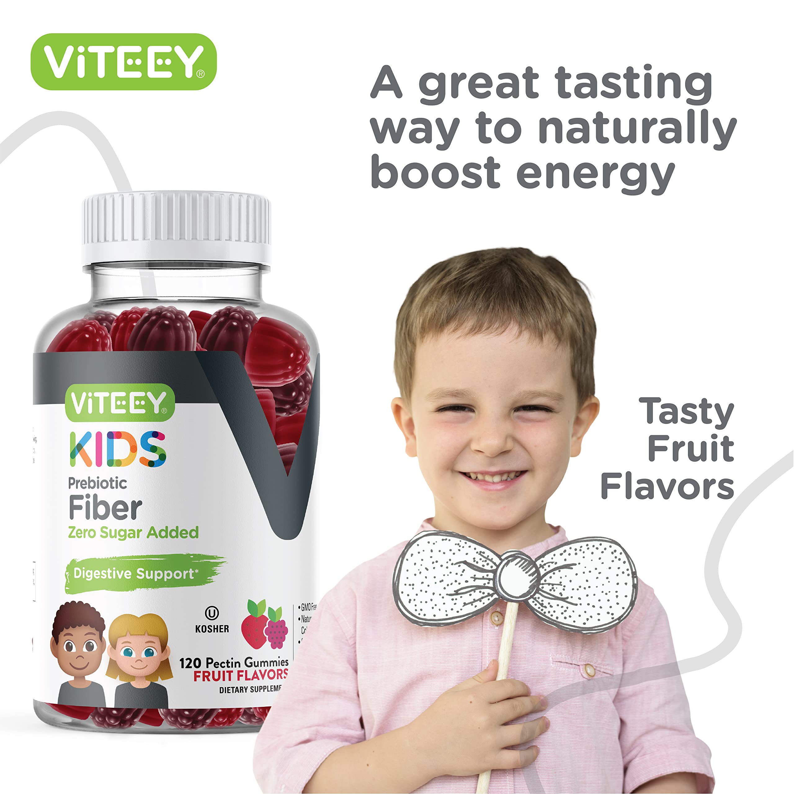 Viteey Kids Fiber ingredients panel shows vegan and kosher notes.