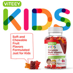 Viteey bottle with gummies illustrates convenient daily intake on the go