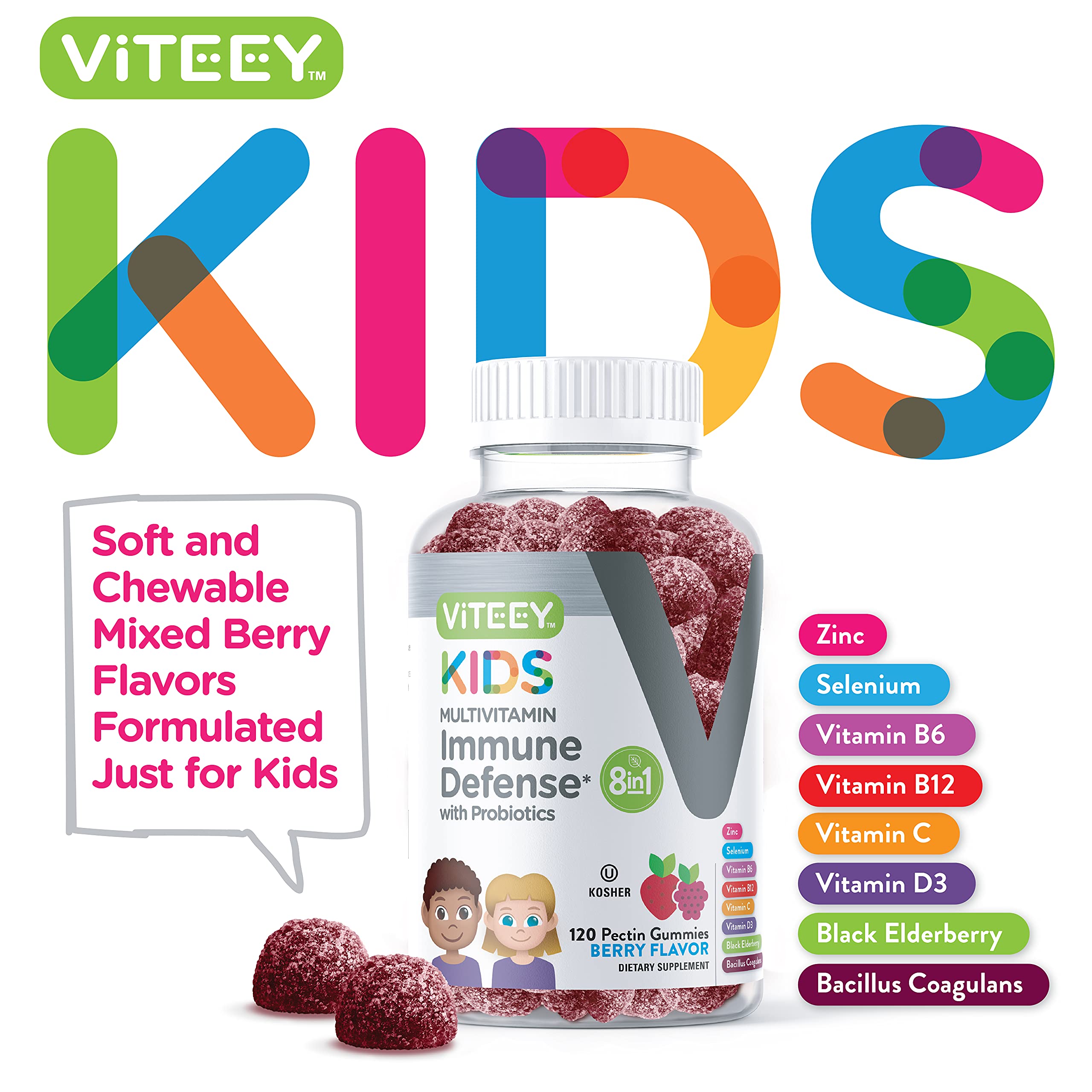Close-up of Viteey gummies shows chewy texture and berry flavor kids enjoy.