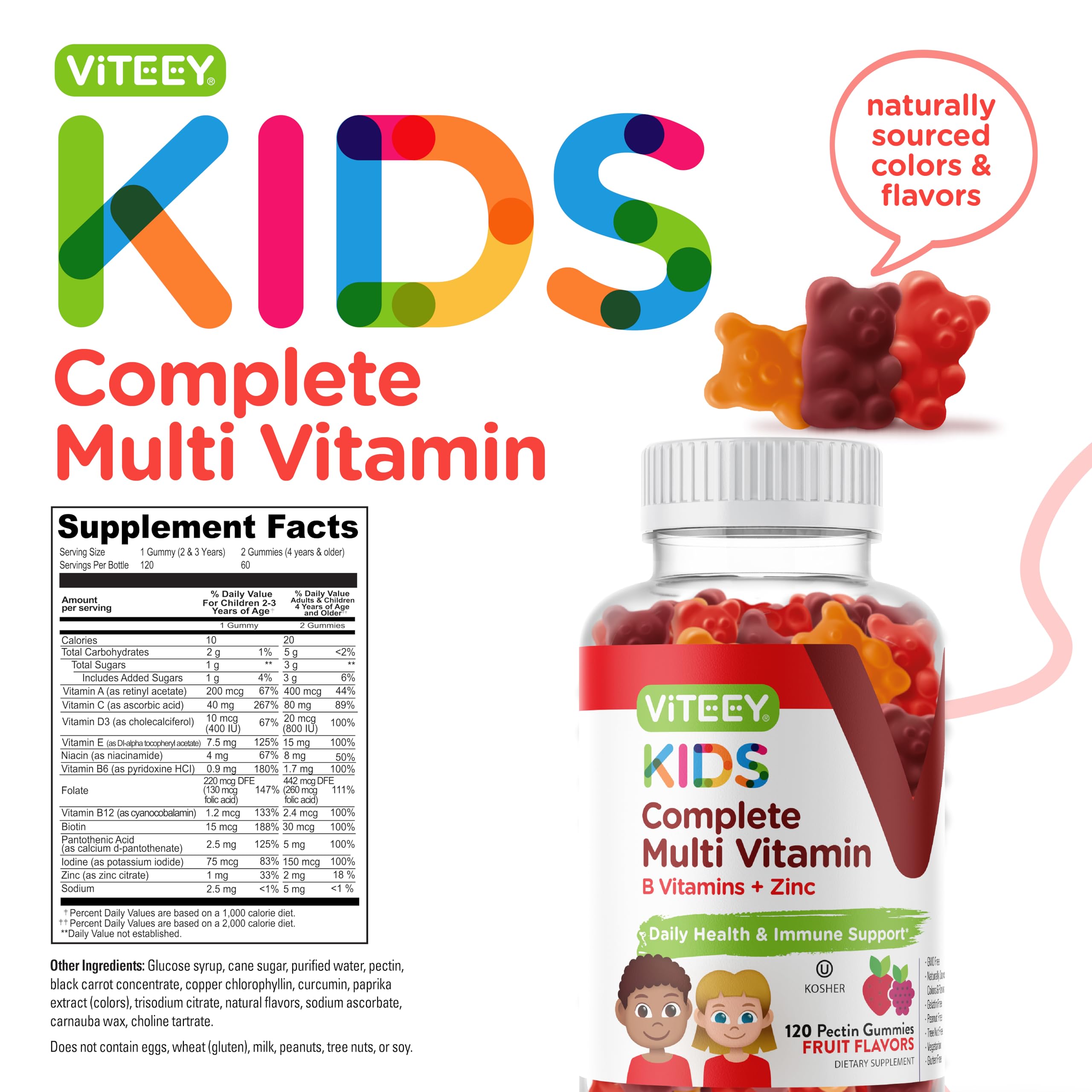 Viteey vegetarian gelatin-free gummies shown with kid-friendly labeling