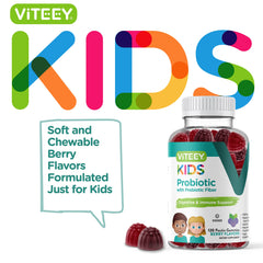 Viteey Kids Probiotic Gummies bottle closeup for easy daily use.