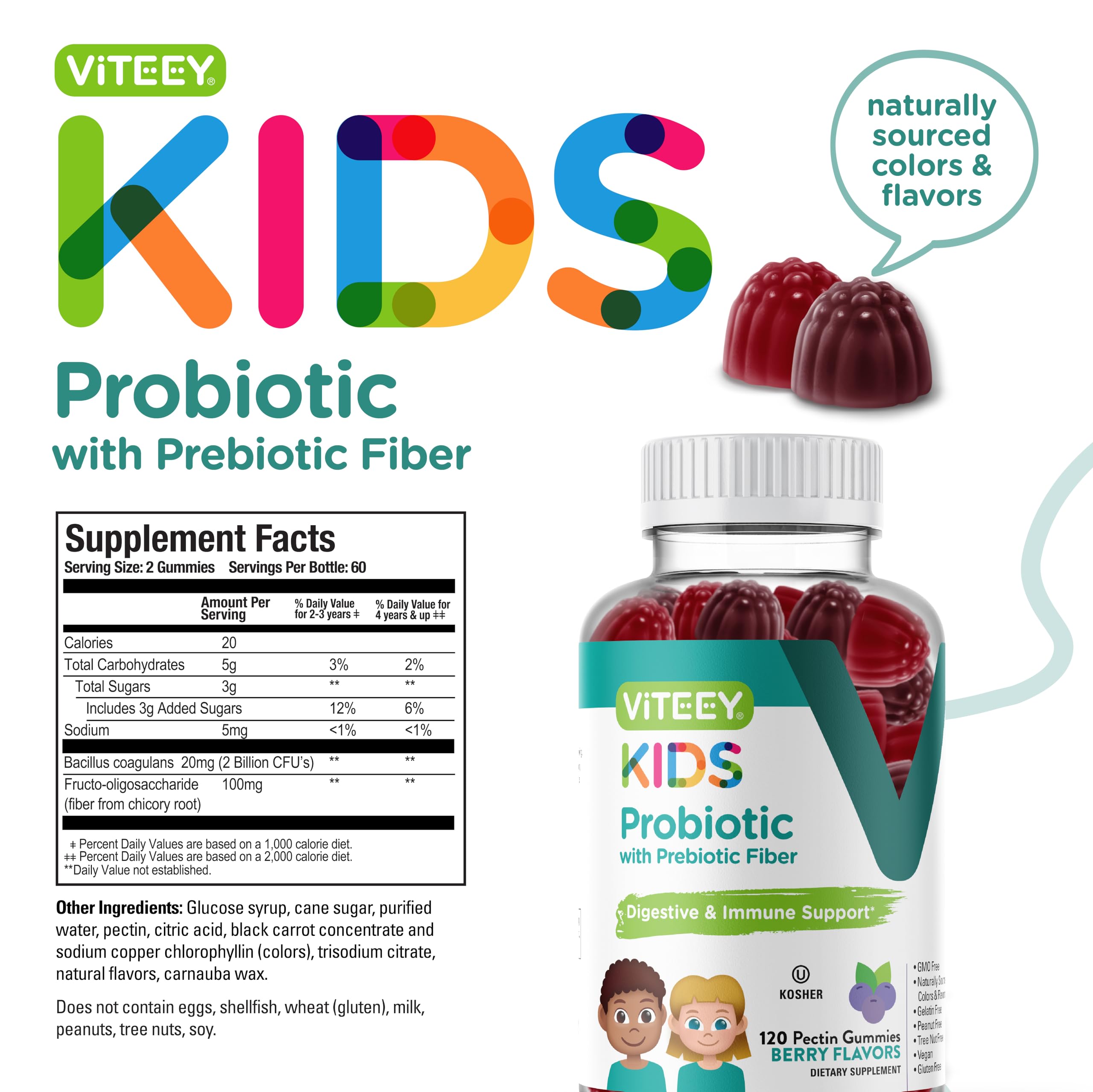 Viteey Kids Probiotic Gummies ingredients label highlights natural, vegan, kosher attributes.