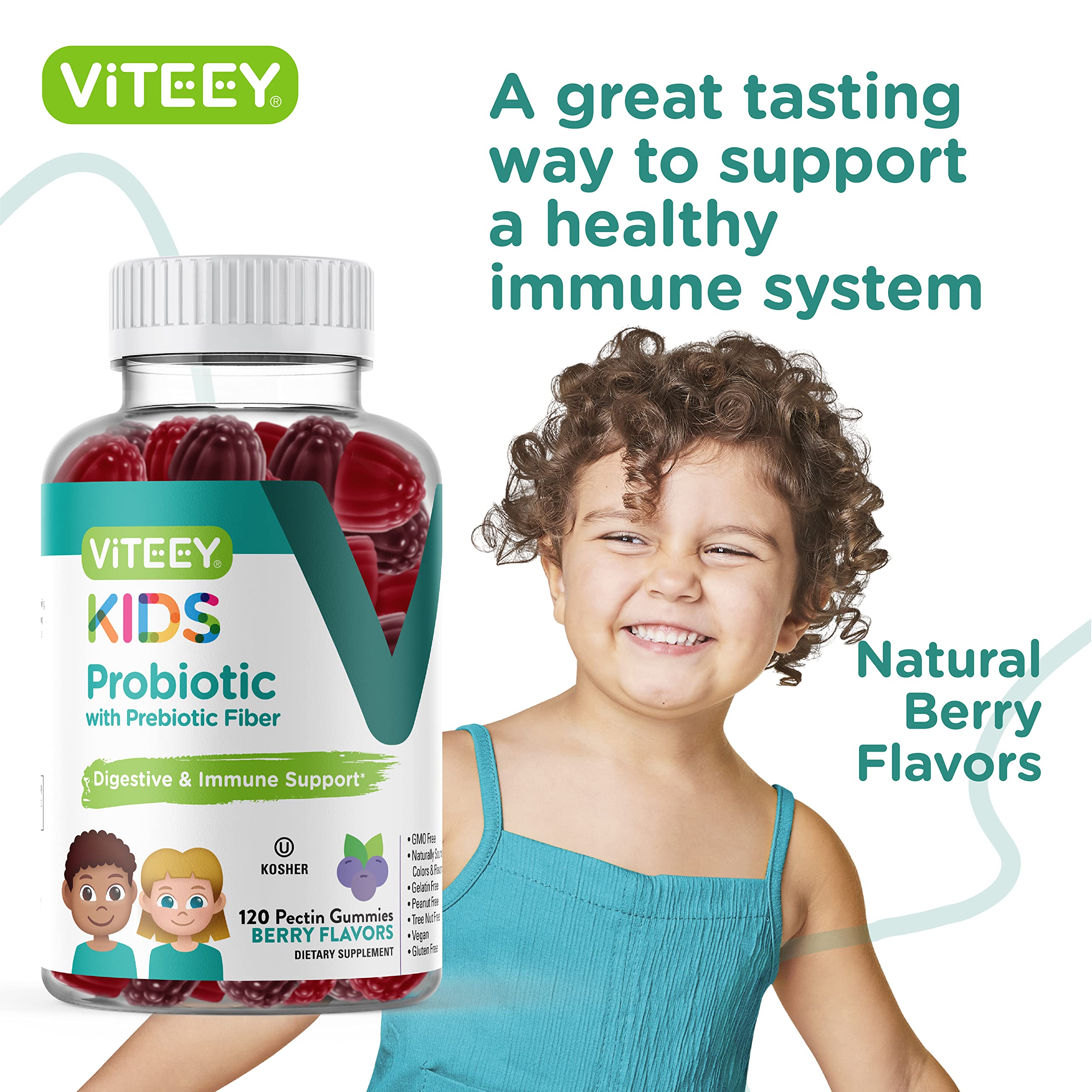 Viteey Kids Probiotic Gummies packaging designed for kid-friendly use.