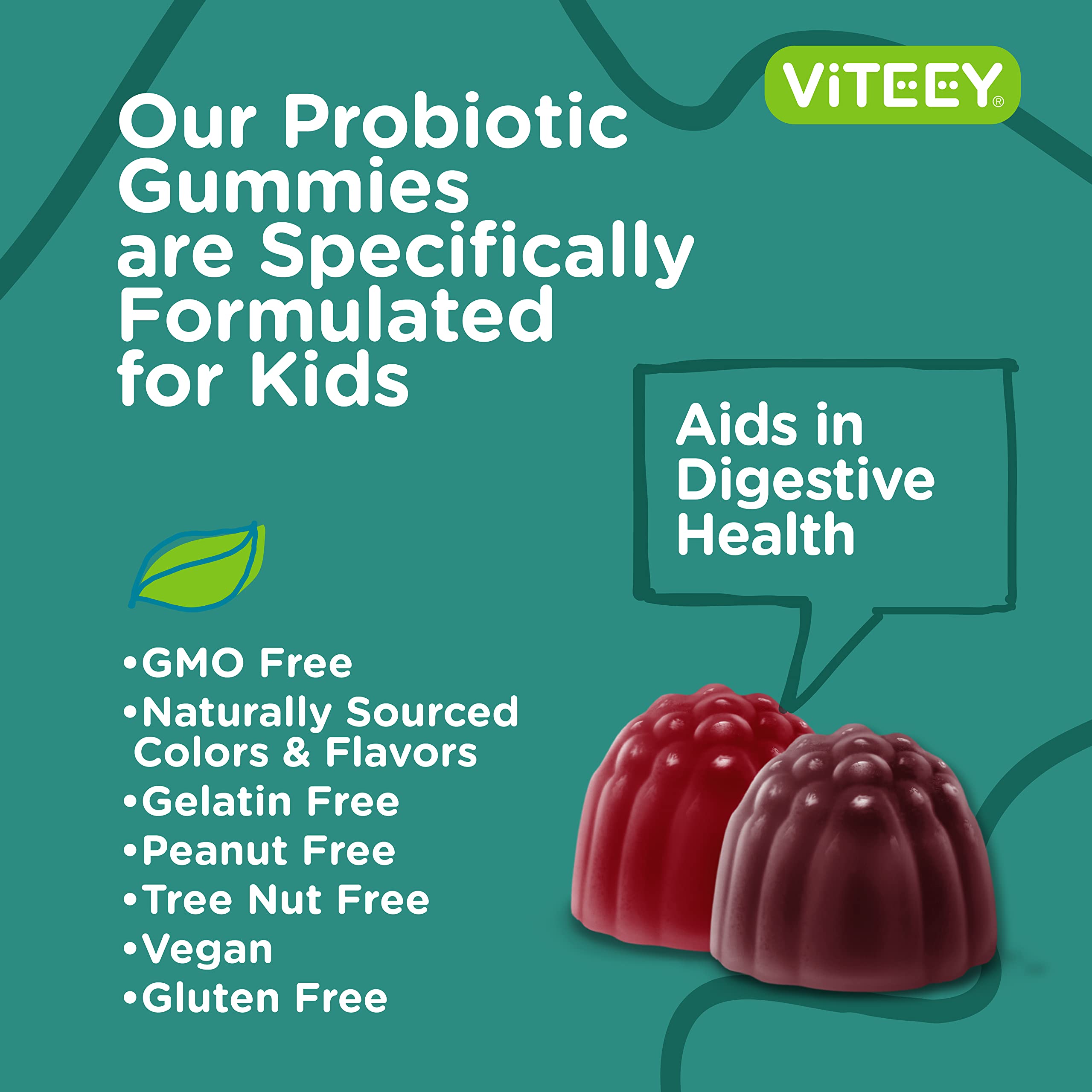 Viteey Kids Probiotic Gummies texture closeup shows chewy berry bite.