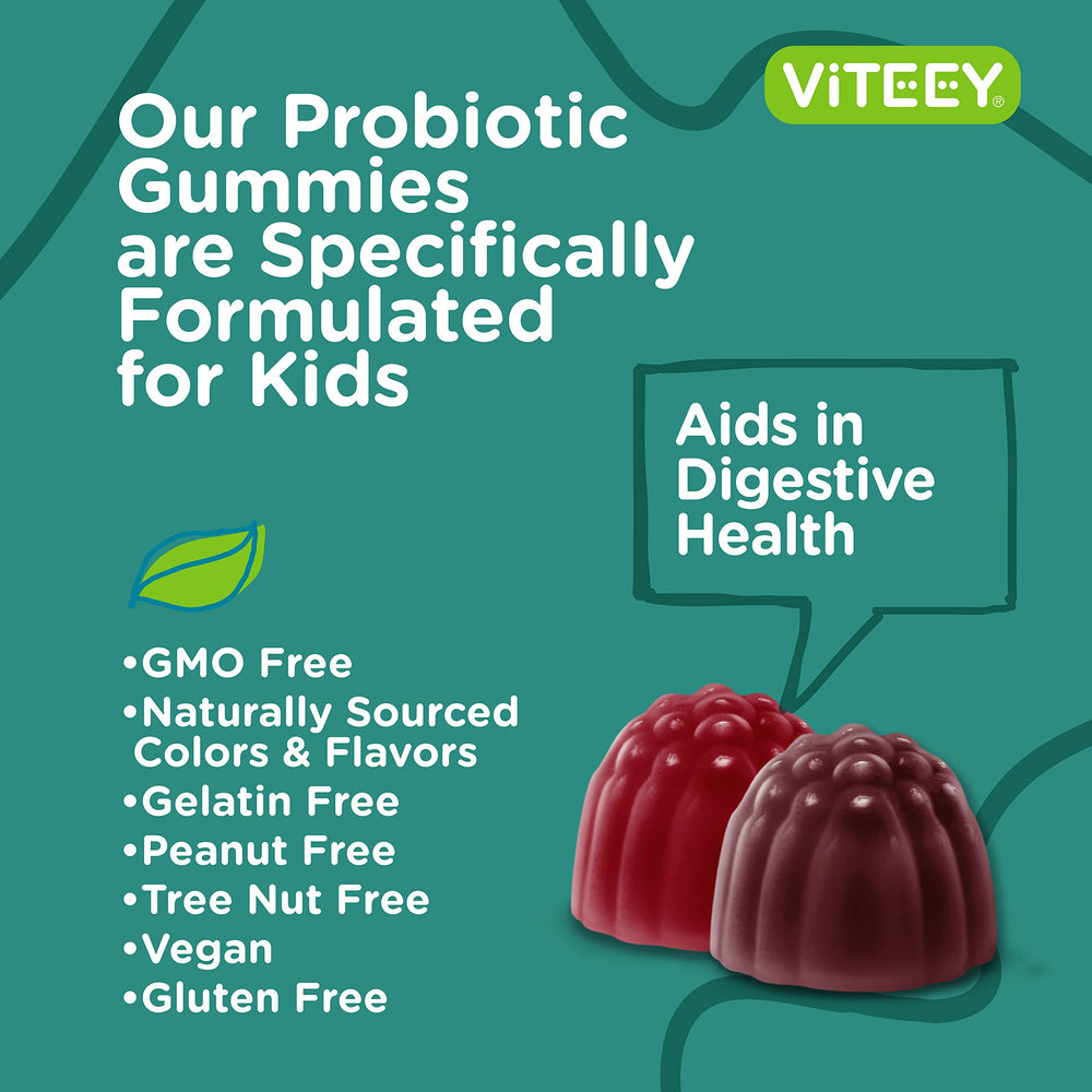 Viteey Kids Probiotic Gummies texture closeup shows chewy berry bite.
