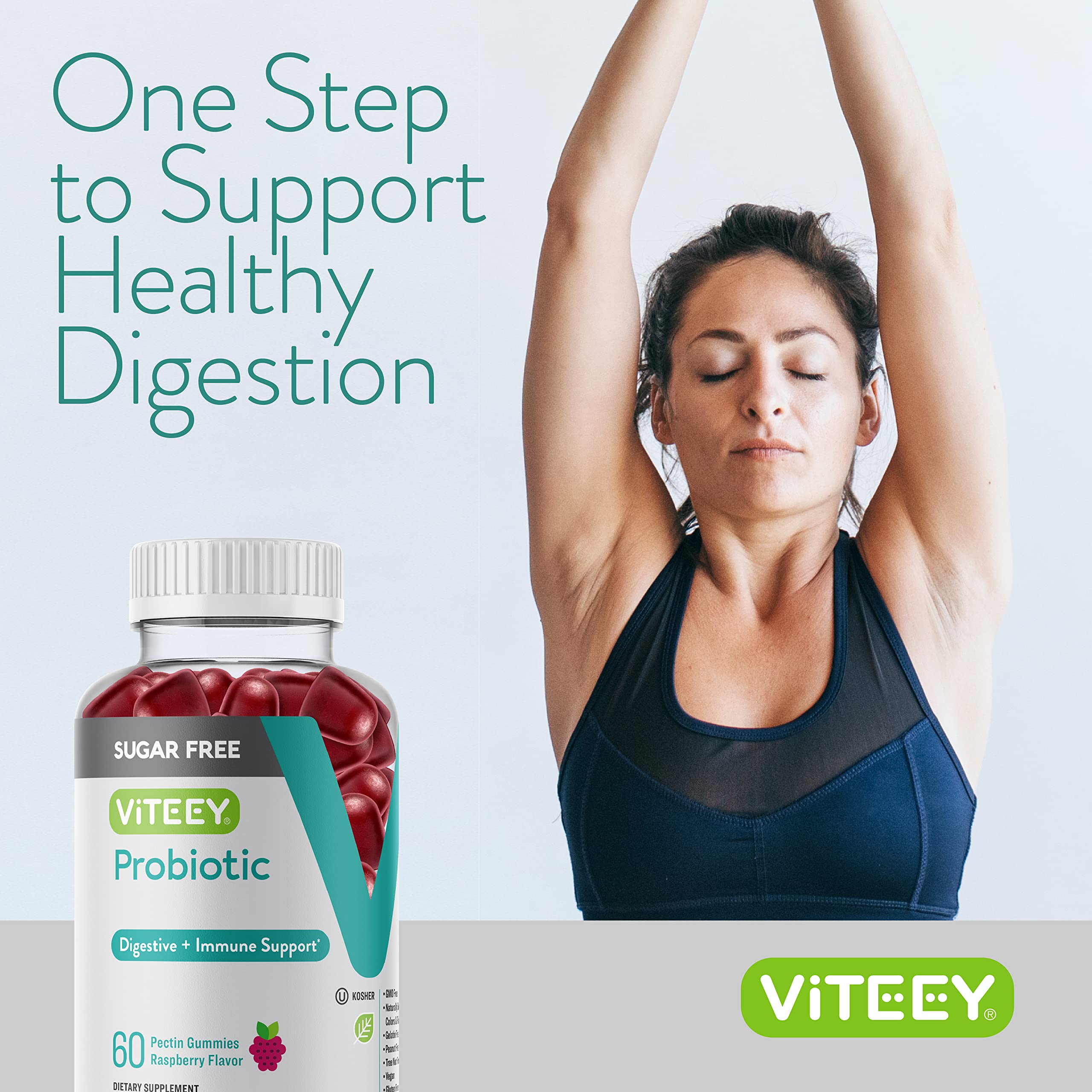 Viteey probiotic gummies packaging back with usage tips.