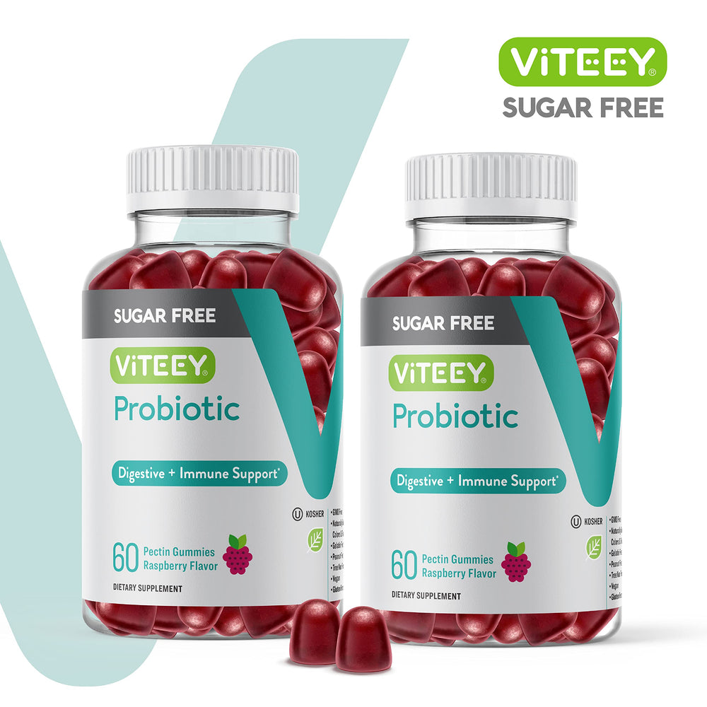 Viteey probiotic gummies closeup shows raspberry flavor for easy daily use.