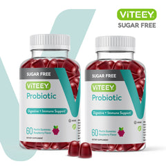 Viteey probiotic gummies closeup shows raspberry flavor for easy daily use.