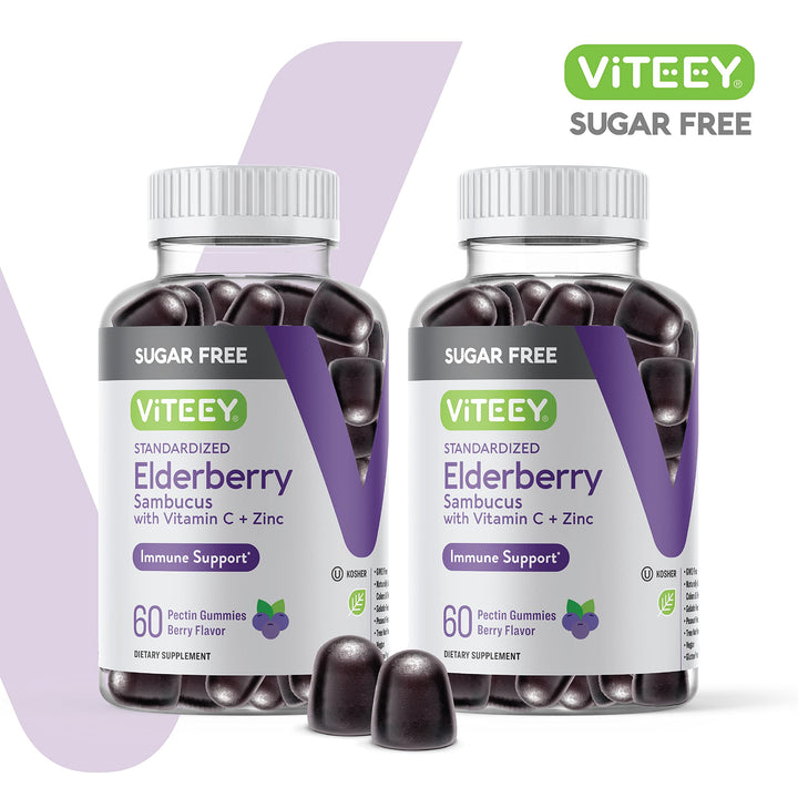 Viteey Sambucus gummies bottle side angle highlighting vegan, sugar-free formula