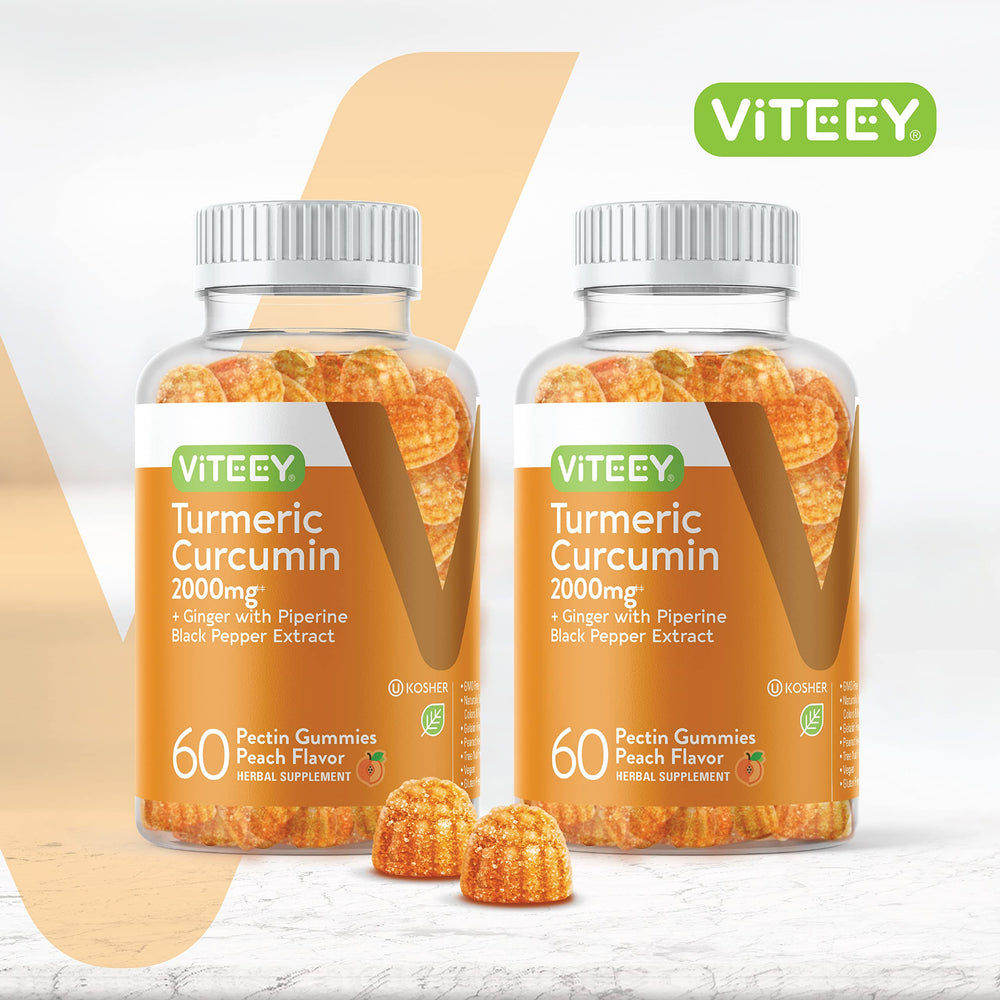 Viteey turmeric curcumin gummies peach closeup highlights flavorful, easy daily chew