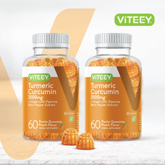 Viteey turmeric curcumin gummies peach closeup highlights flavorful, easy daily chew