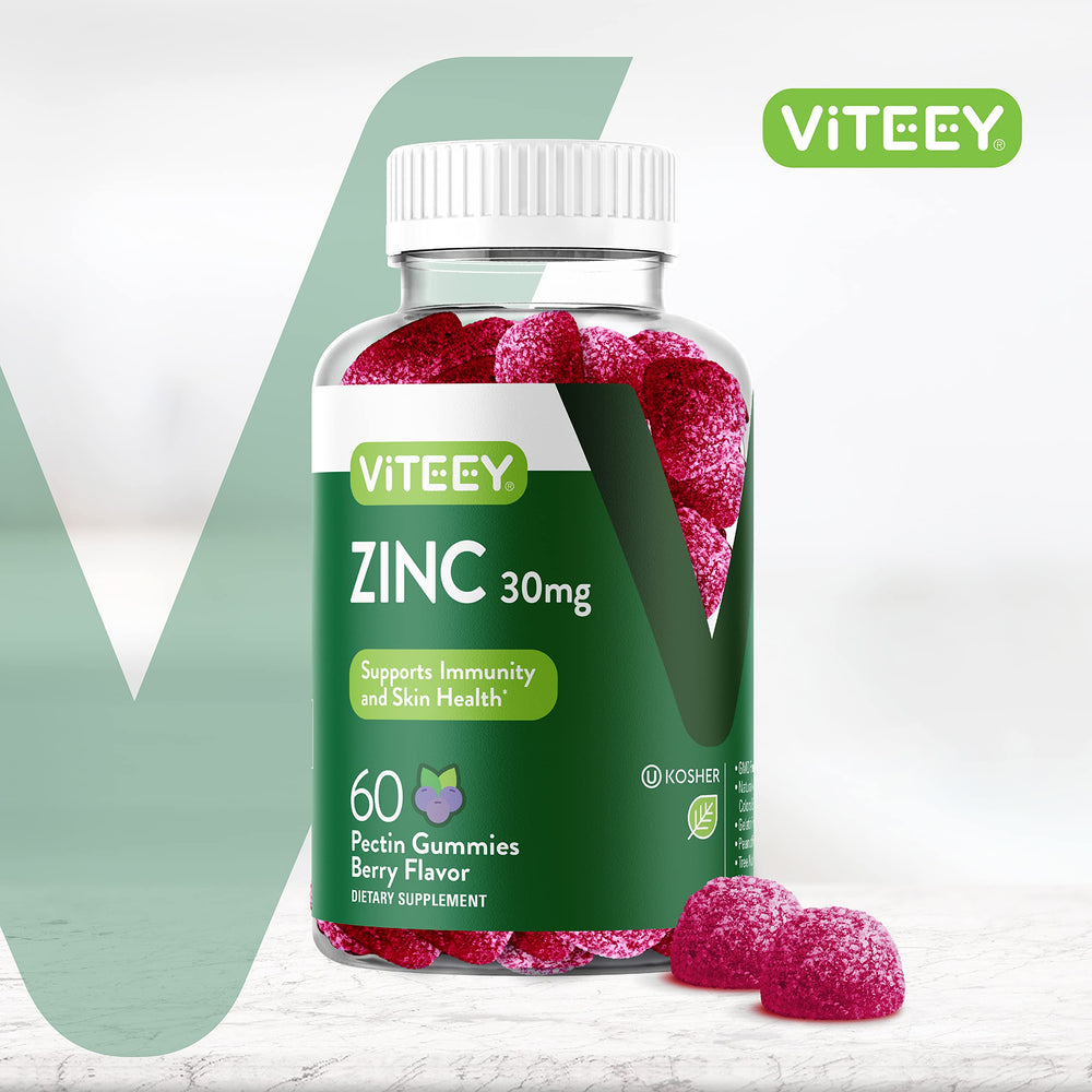 Viteey Zinc Gummies bottle back label with dosage guidance for daily use.