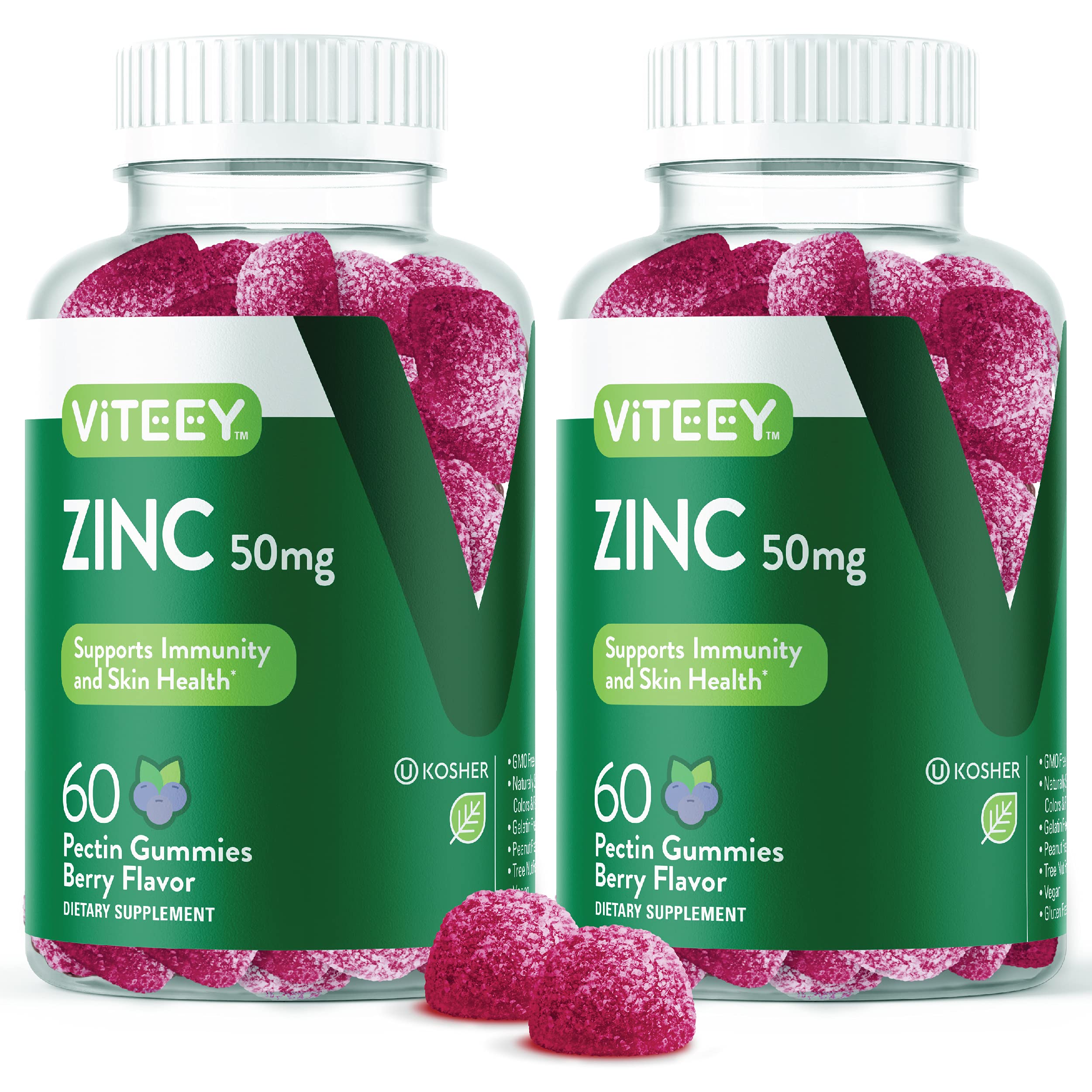 Viteey Zinc Gummies bottle front shows 120-count packaging for daily immune support.