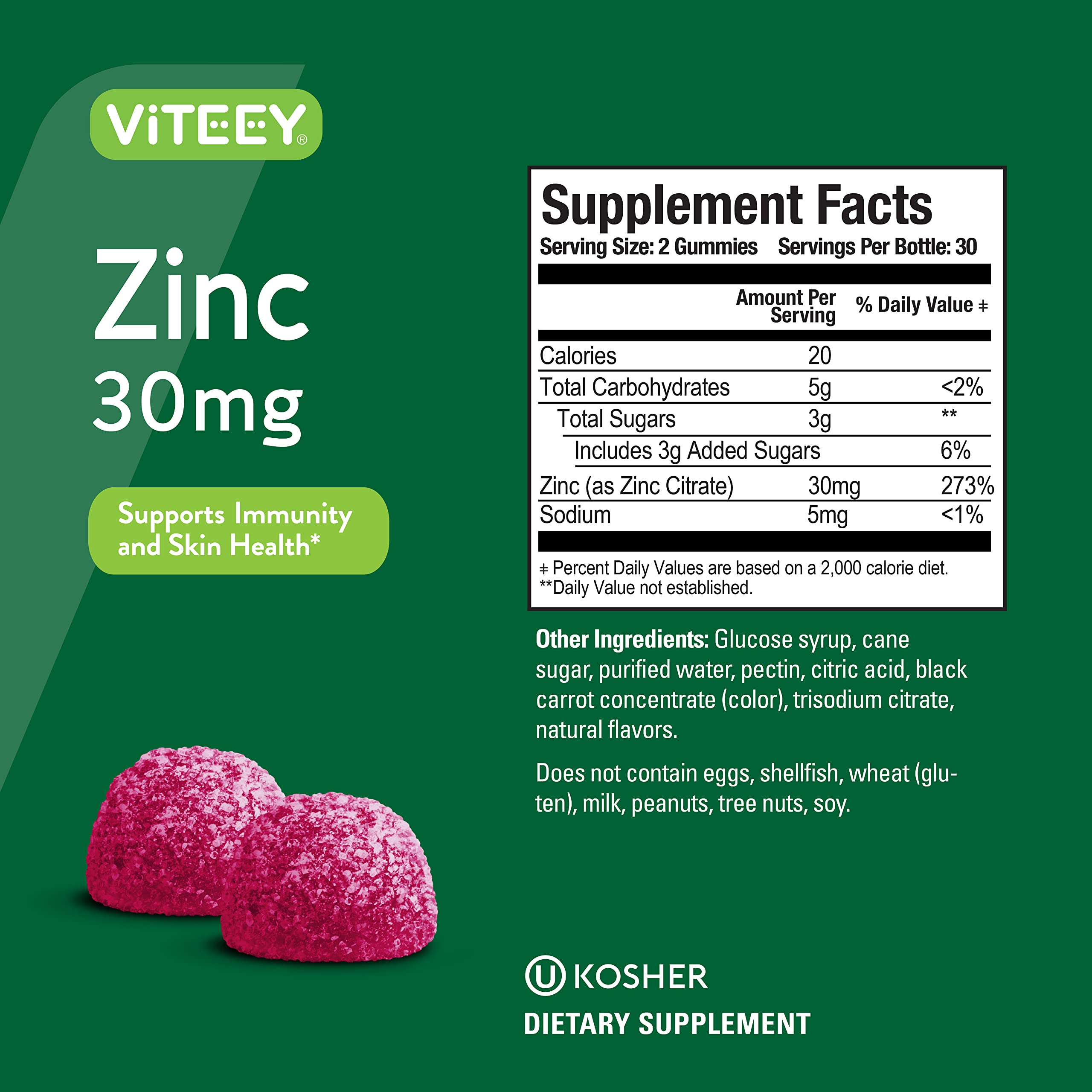 Viteey Zinc Gummies close-up texture shows vibrant color and chewy consistency.