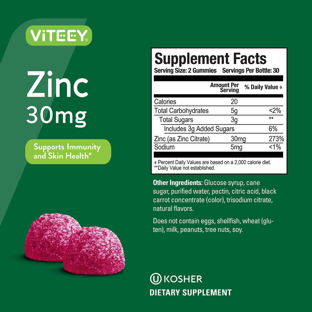 Viteey Zinc Gummies close-up texture shows vibrant color and chewy consistency.