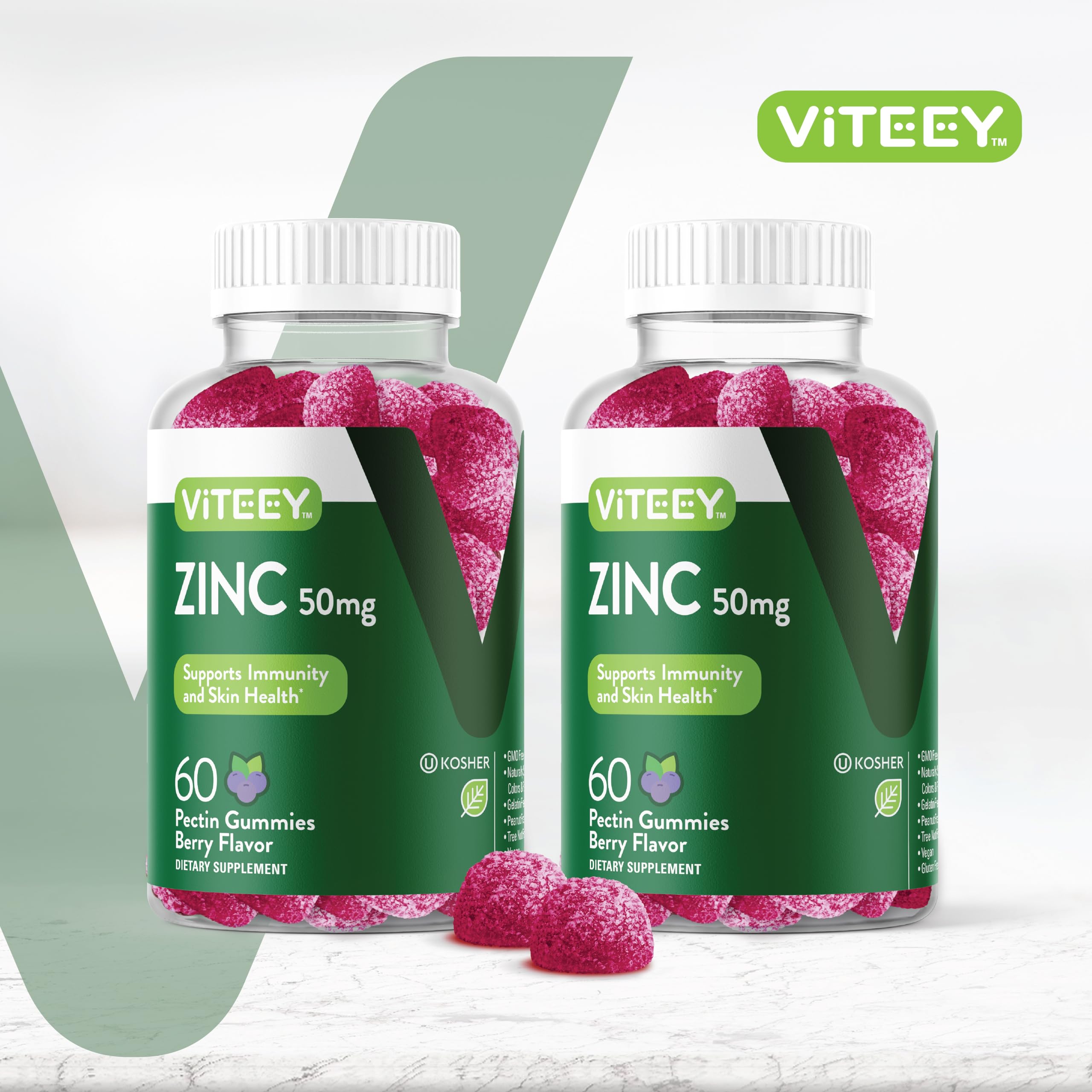 Viteey Zinc Gummies label close-up highlighting 50 mg per serving for immune support.