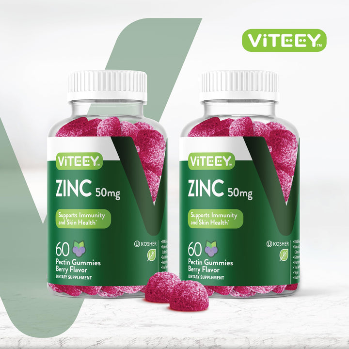 Viteey Zinc Gummies label close-up highlighting 50 mg per serving for immune support.
