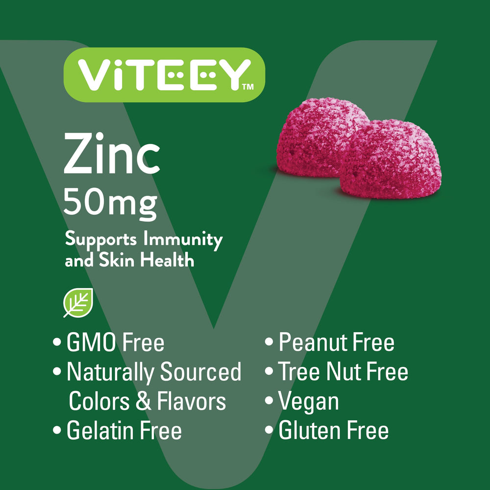 Viteey Zinc Gummies packaging and ingredients verify vegan and gluten-free quality.