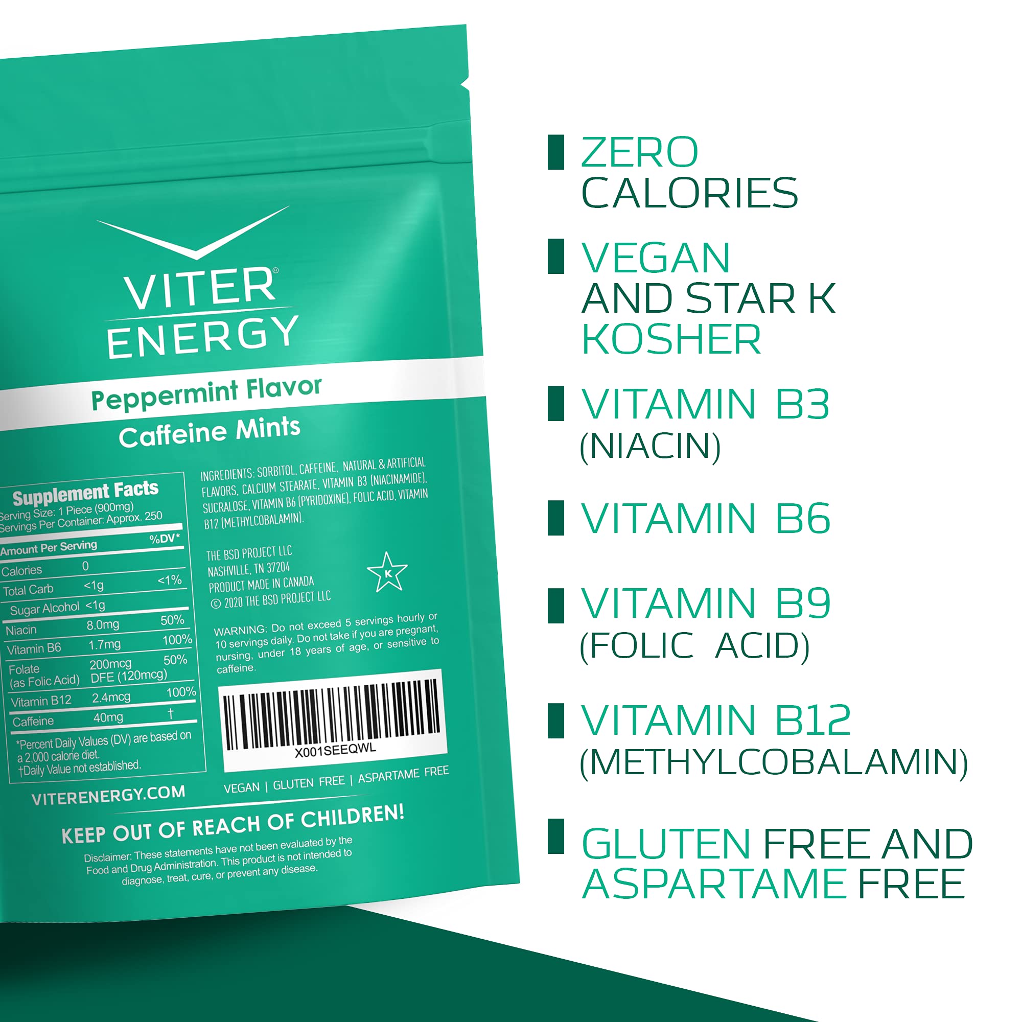 Viter Energy 40 mg caffeine mint highlighting quick energy potential
