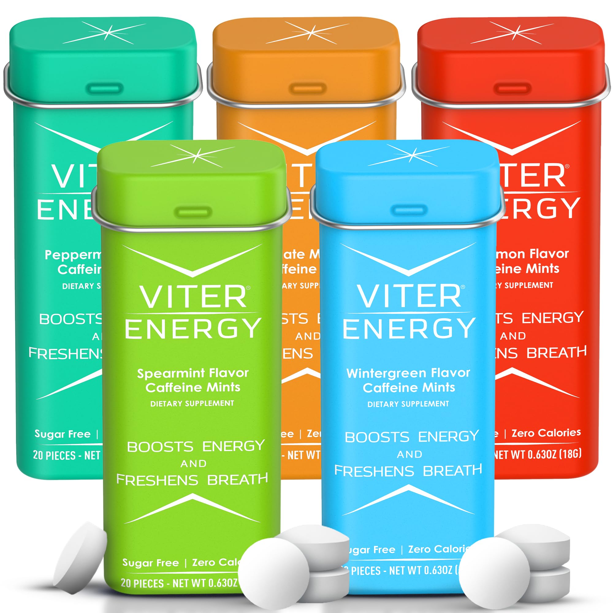 Viter Energy 40mg caffeine mints front label shows fast energy and clean flavor.