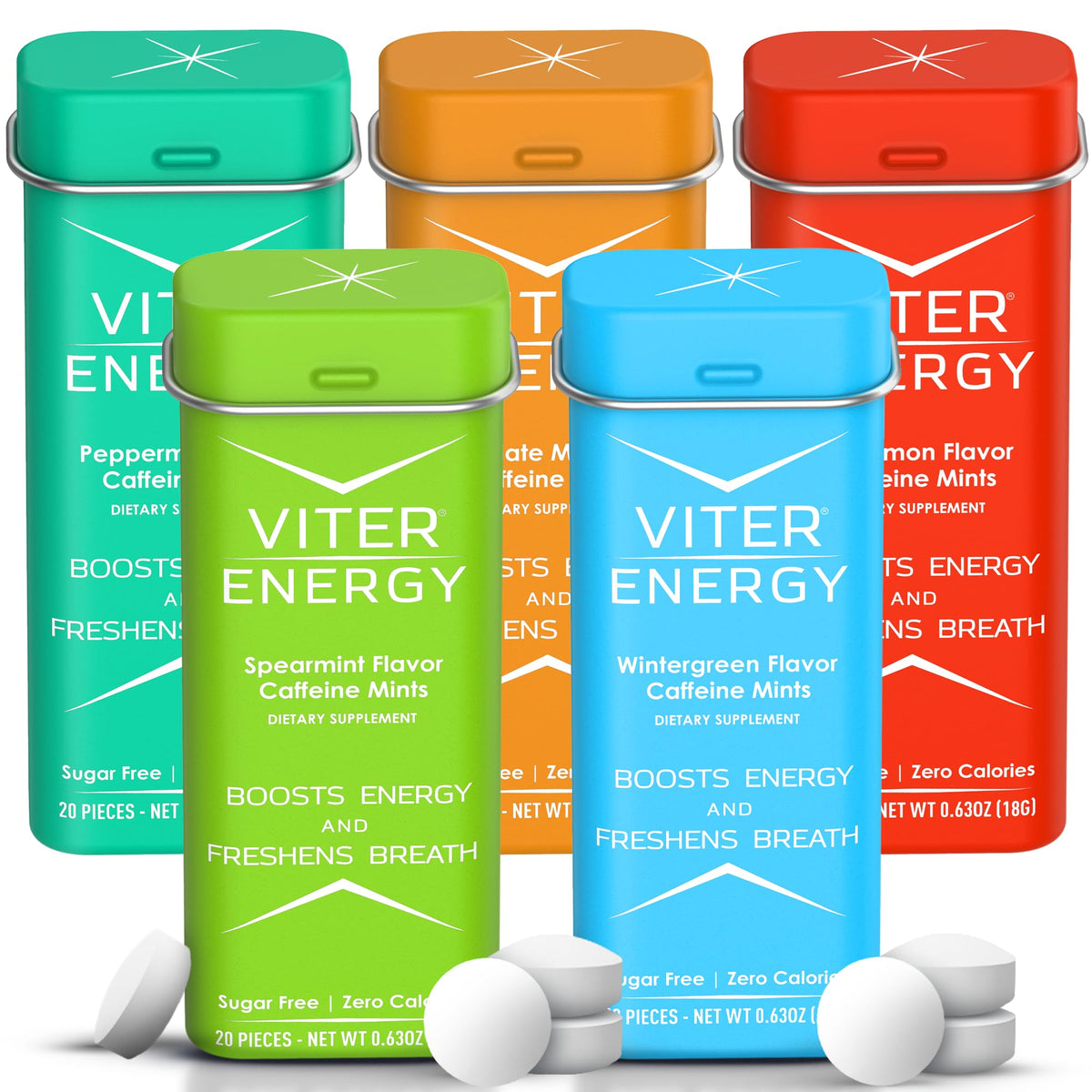 Viter Energy 40mg caffeine mints front label shows fast energy and clean flavor.
