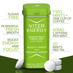 Close-up of a Viter Energy mint showing spearmint texture and refreshing aroma.
