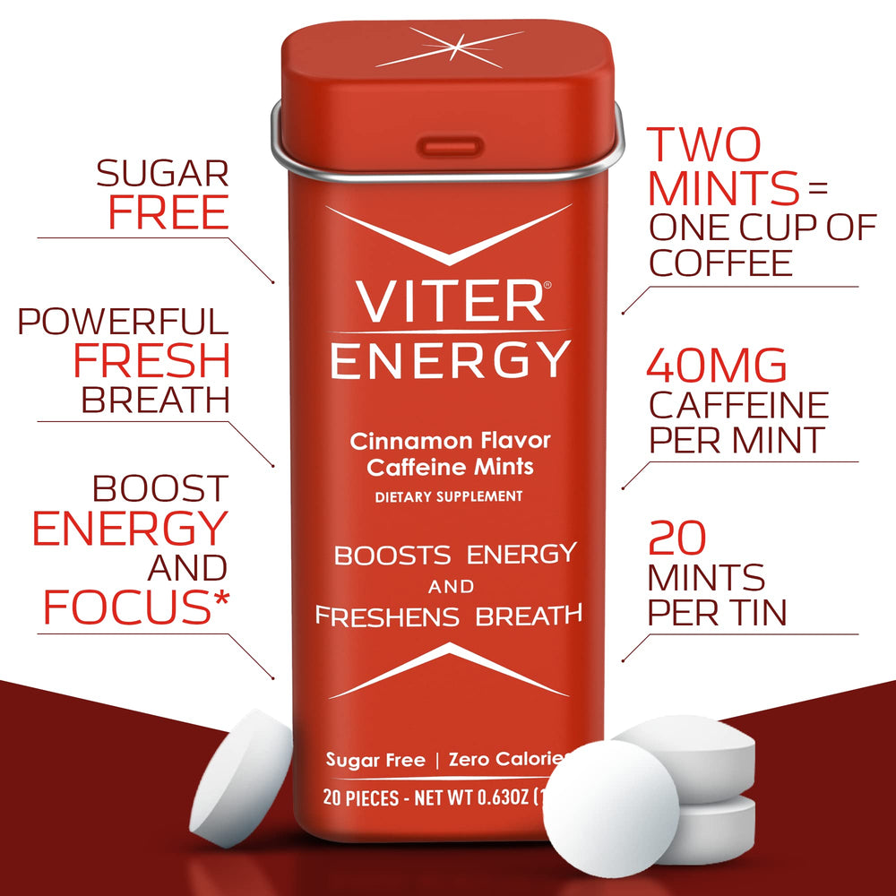 Viter Energy Caffeine Mints front of tin shows convenient caffeine bite.