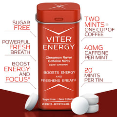 Viter Energy Caffeine Mints front of tin shows convenient caffeine bite.
