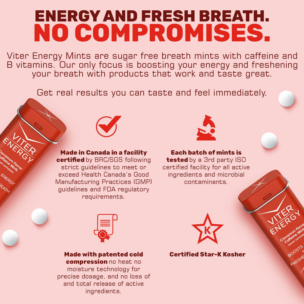 Viter Energy Caffeine Mints vegan sugar-free badge emphasizes clean energy.