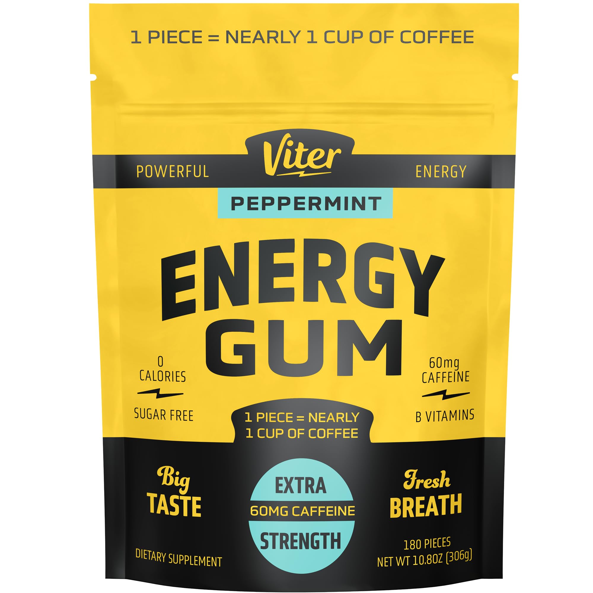 Viter Energy peppermint gum front view highlights portable energy for on-the-go use.