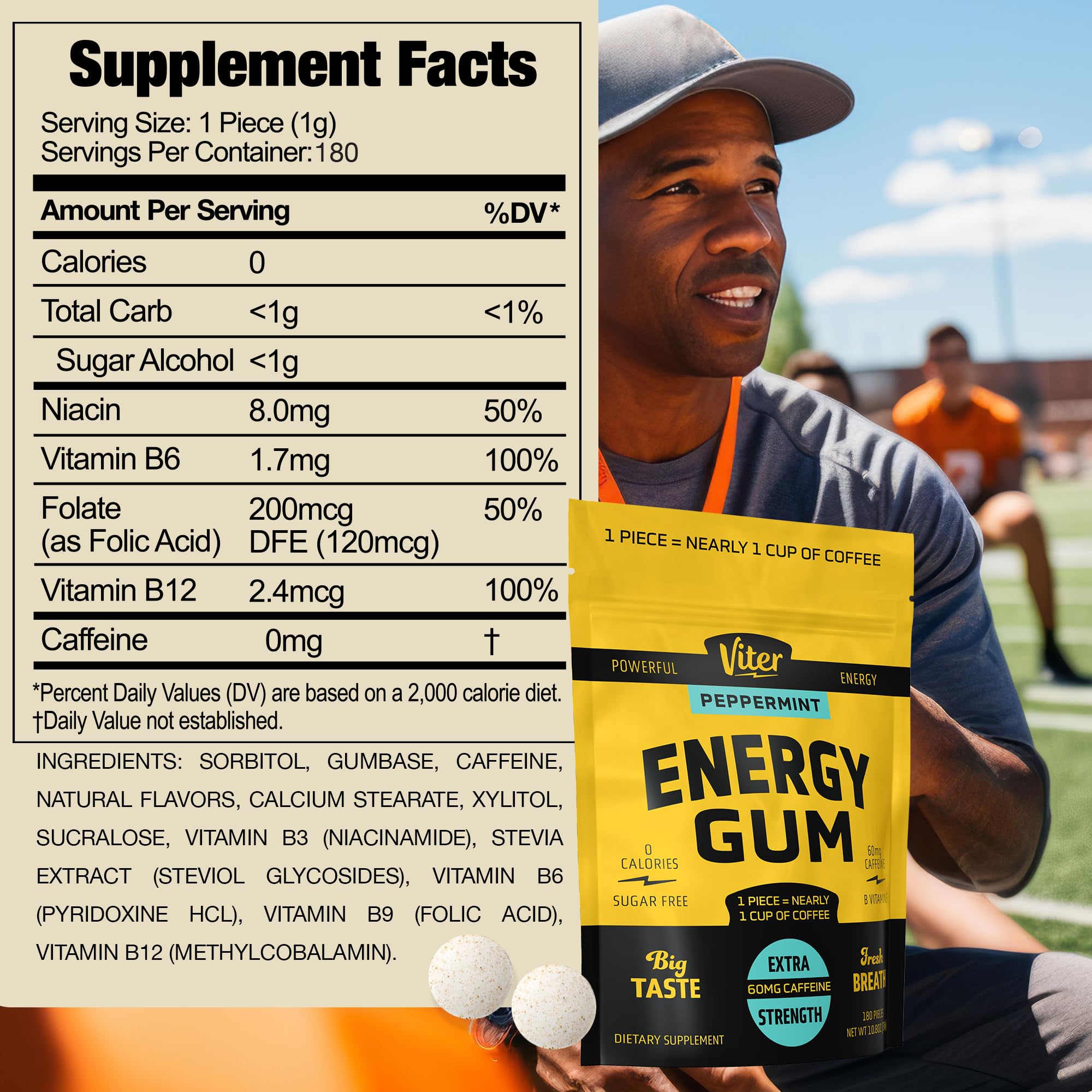Viter Energy gum piece close-up emphasizes 60 mg caffeine boost.