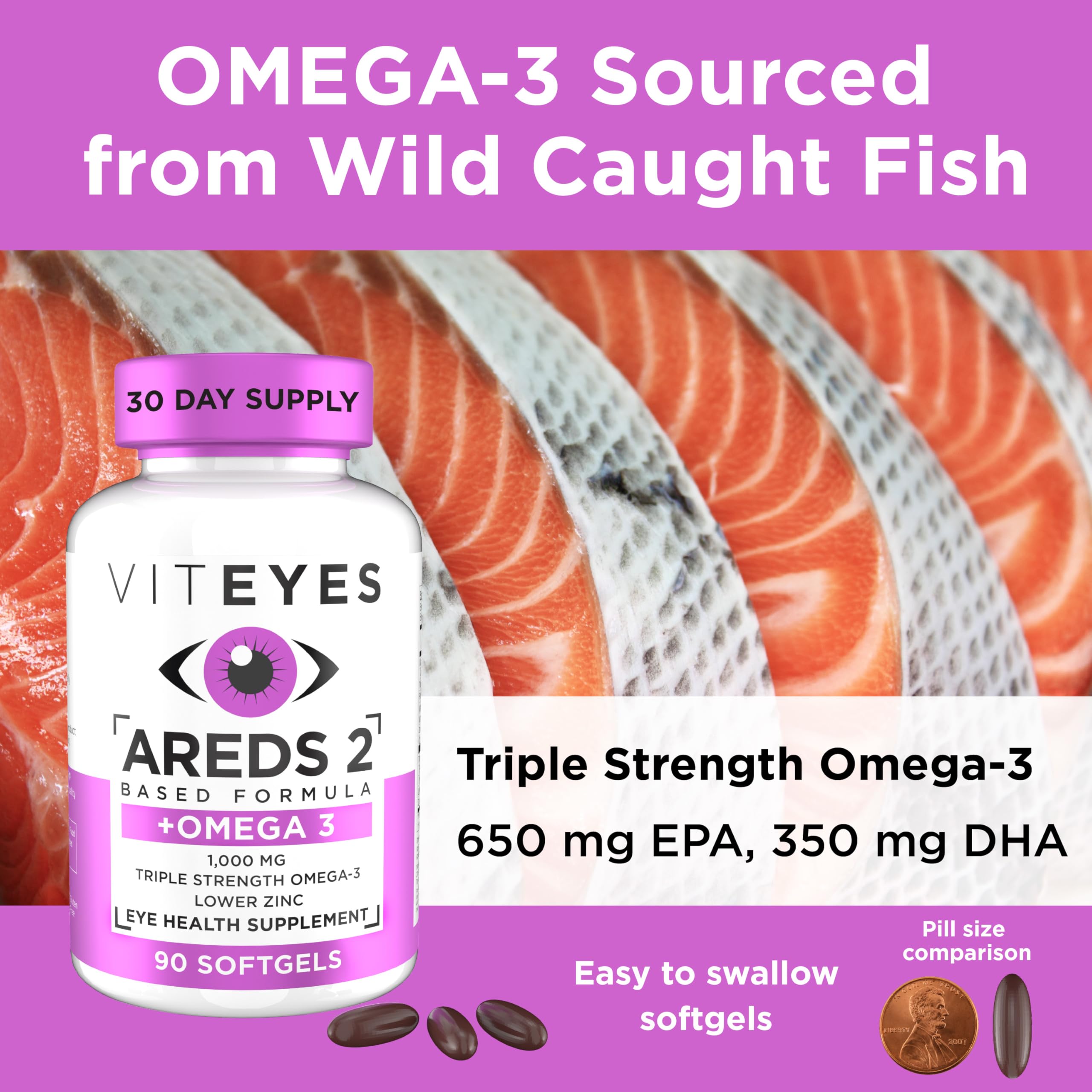 Viteyes AREDS 2 Omega-3 softgels ingredients panel emphasizes zinc-light formulation