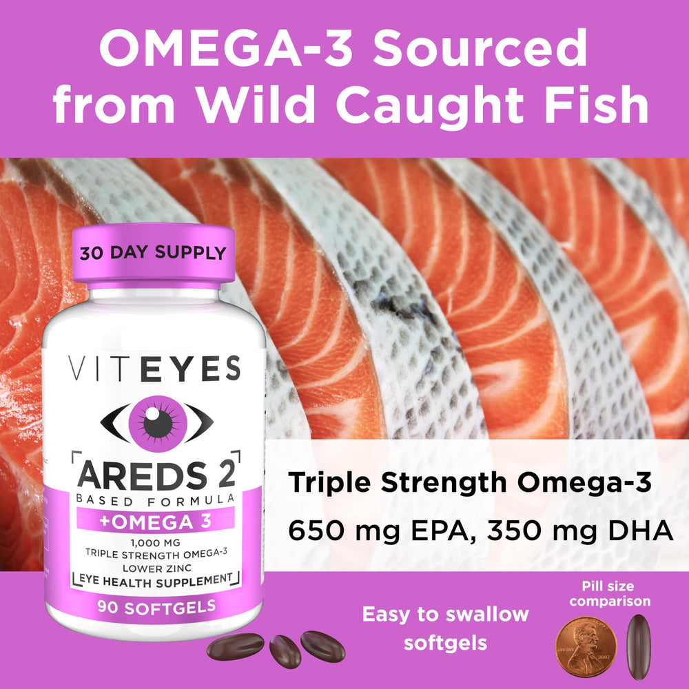 Viteyes AREDS 2 Omega-3 softgels ingredients panel emphasizes zinc-light formulation