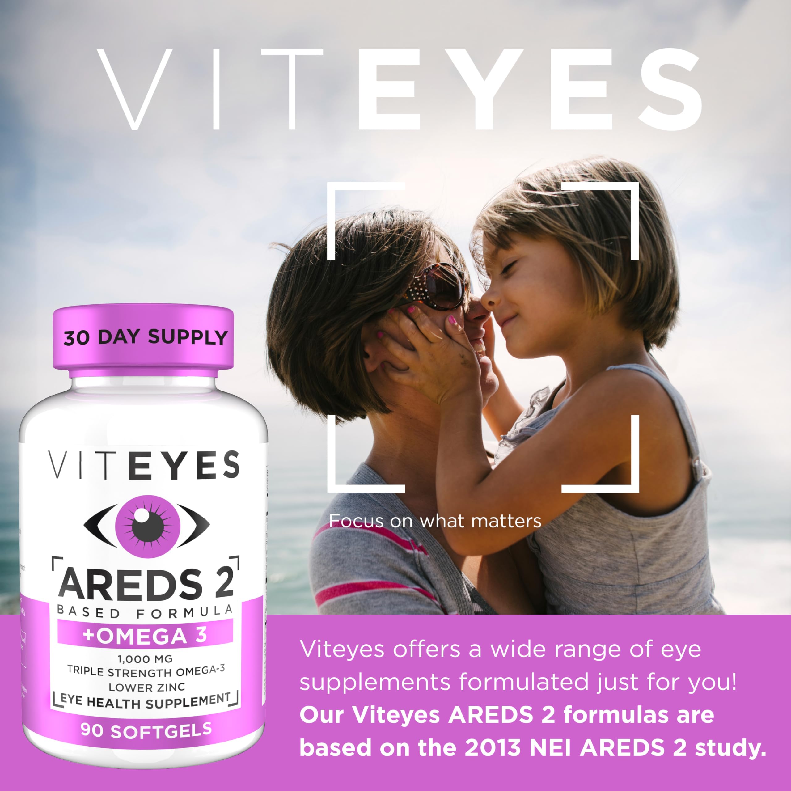 Viteyes AREDS 2 Omega-3 softgels pouring shown for daily intake