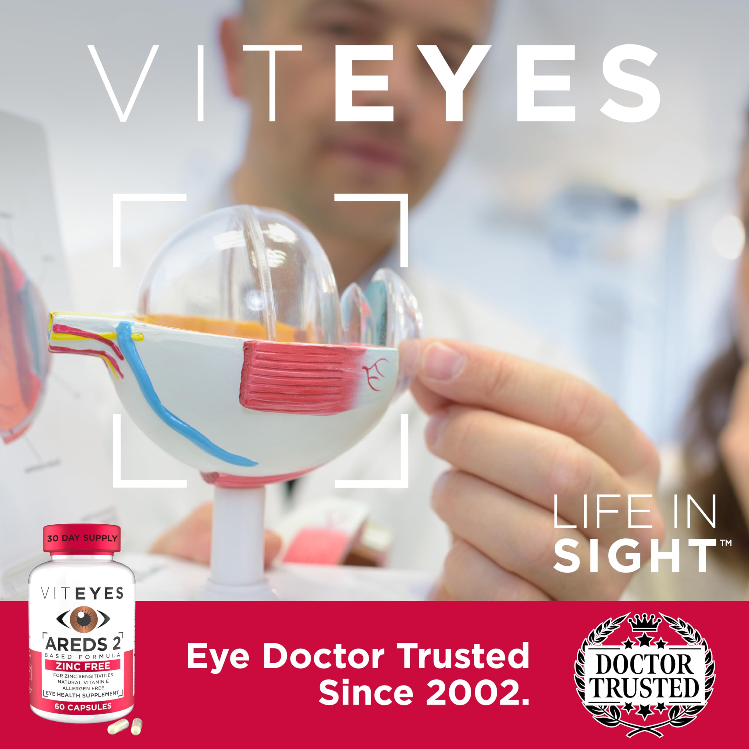 Two capsules of Viteyes AREDS 2 displayed for daily dosage concept.