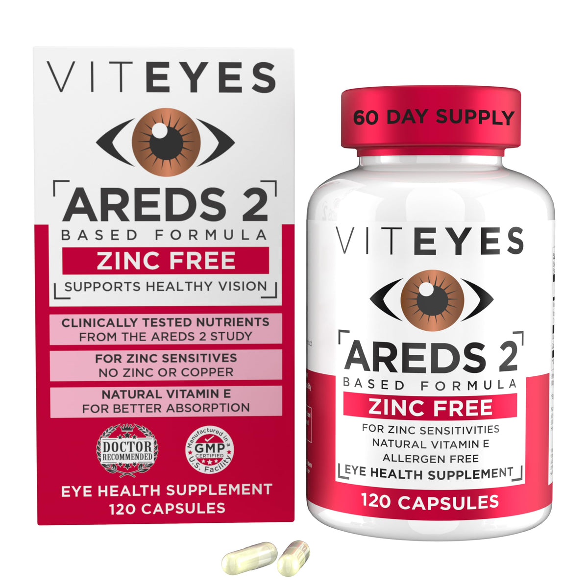 Viteyes AREDS2 zinc-free bottle supports daily eye health.