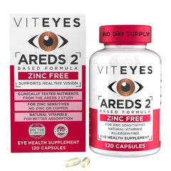 Viteyes AREDS2 zinc-free bottle supports daily eye health.