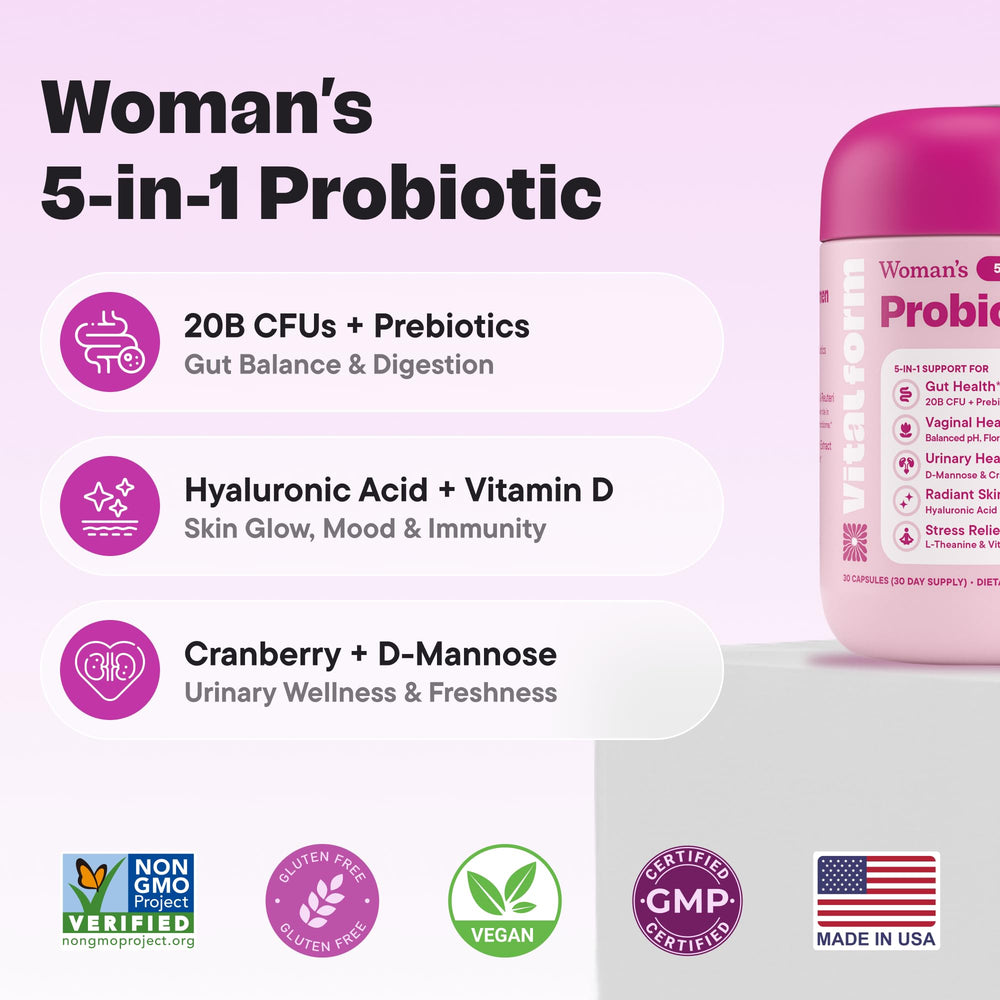 VitalForm bottle front showcasing 30 capsules designed for on-the-go wellness.