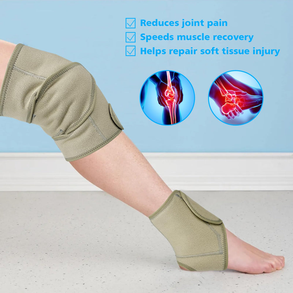 Vitial Castor Oil Pack Wrap on khaki product shot shows versatile knee and ankle fit.