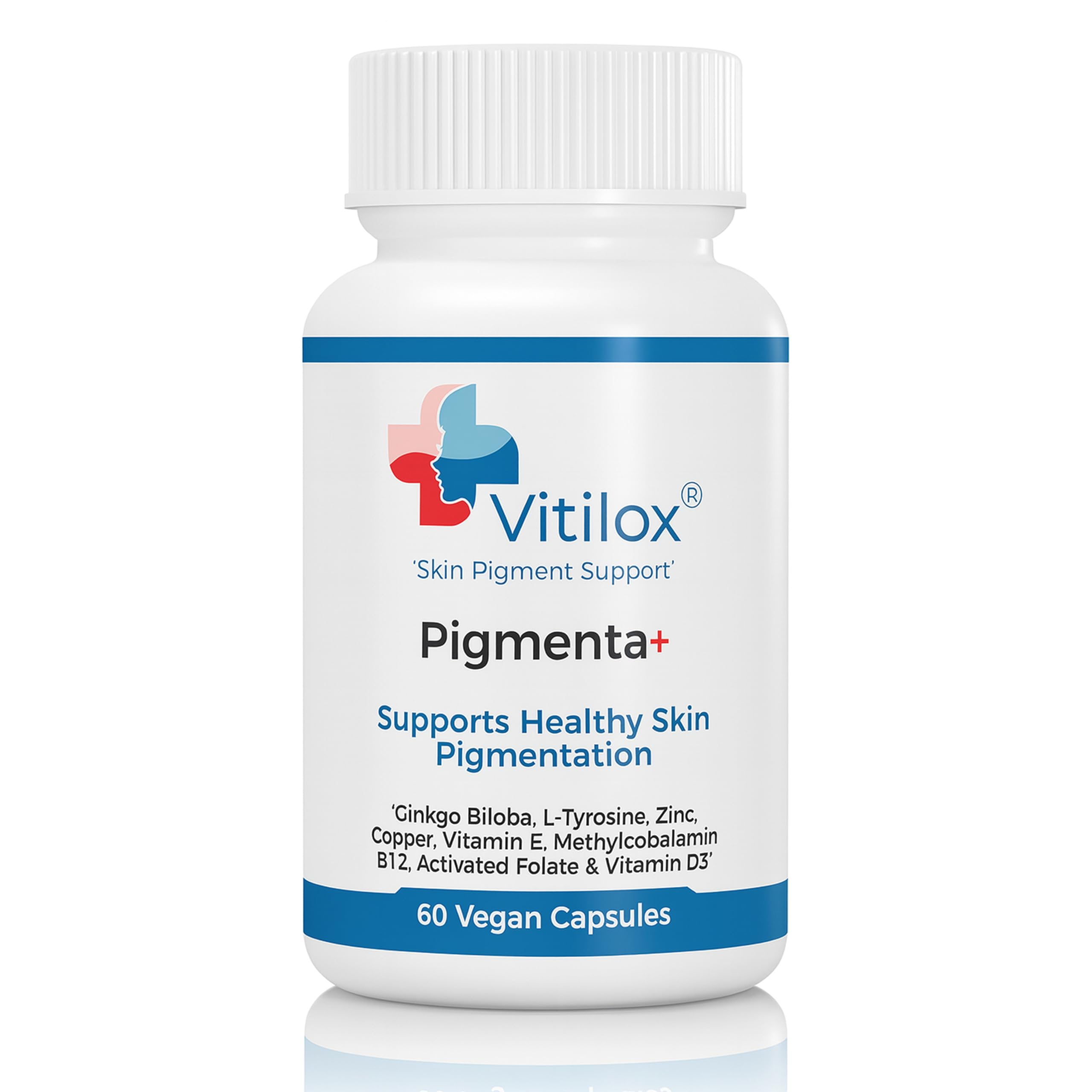 Vitilox Pigmenta+ bottle front view highlighting skin tone support.